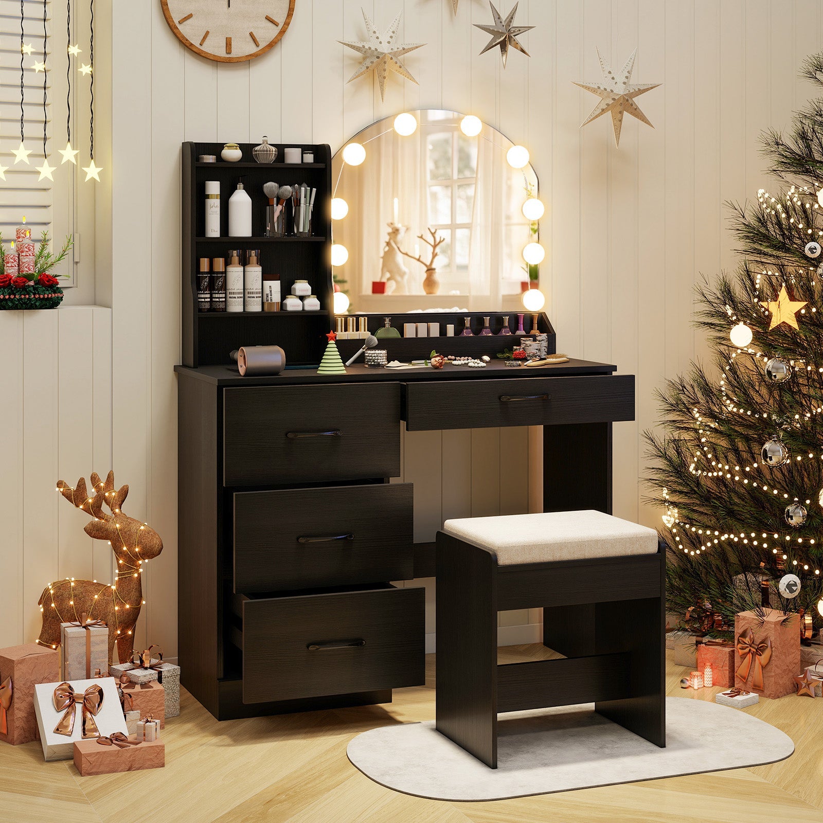 black dressing table design Makeup Vanity Desk and Stool Set with Mirror and Lights-Black and cool white—with dimmable Size:EU 44 COS Women's Open-Collar Mini Ecom Style:AD5E210752