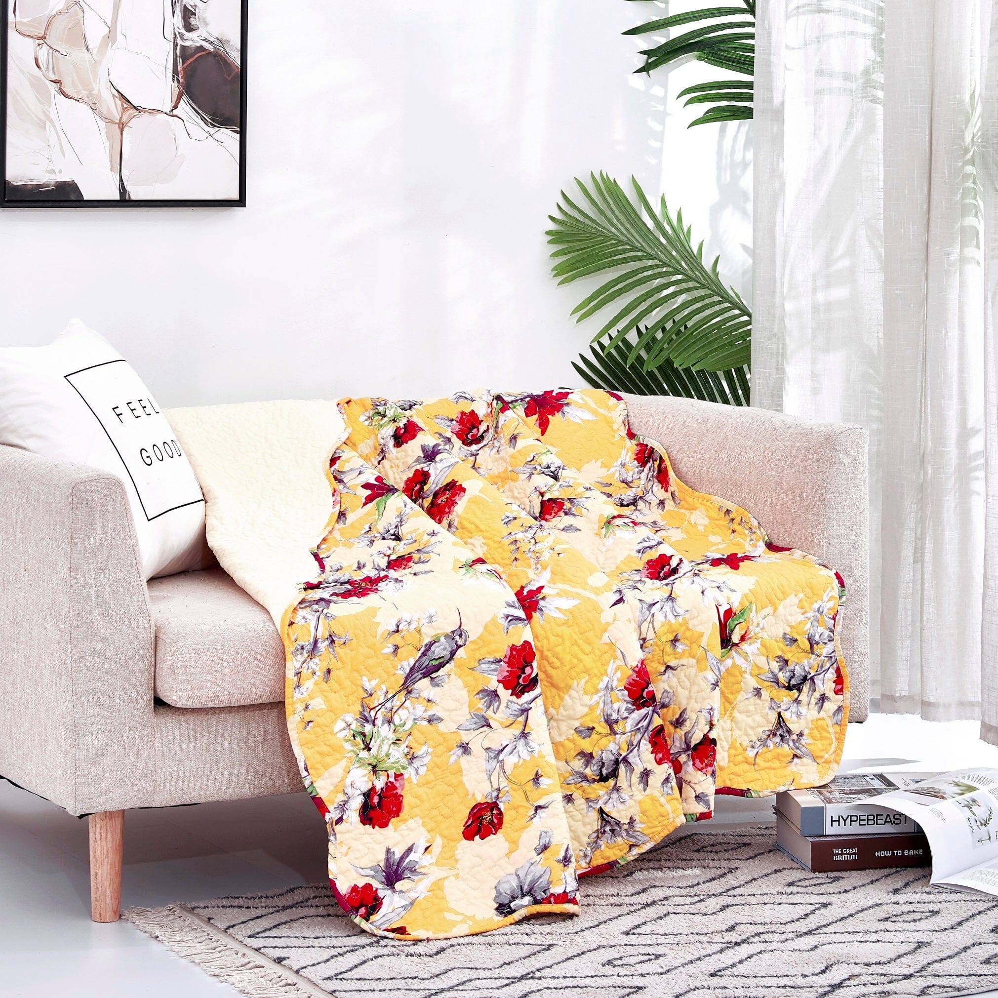 Yellow Floral Quilted Throw Blanket - Scalloped Edges