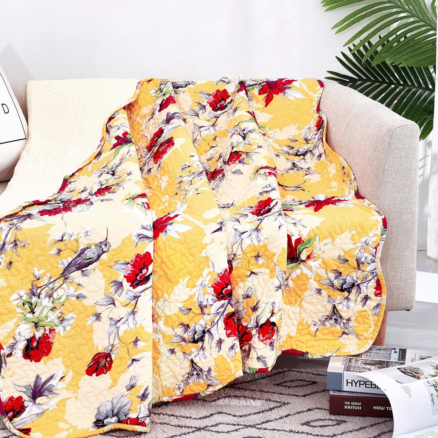 Yellow Floral Quilted Throw Blanket - Scalloped Edges