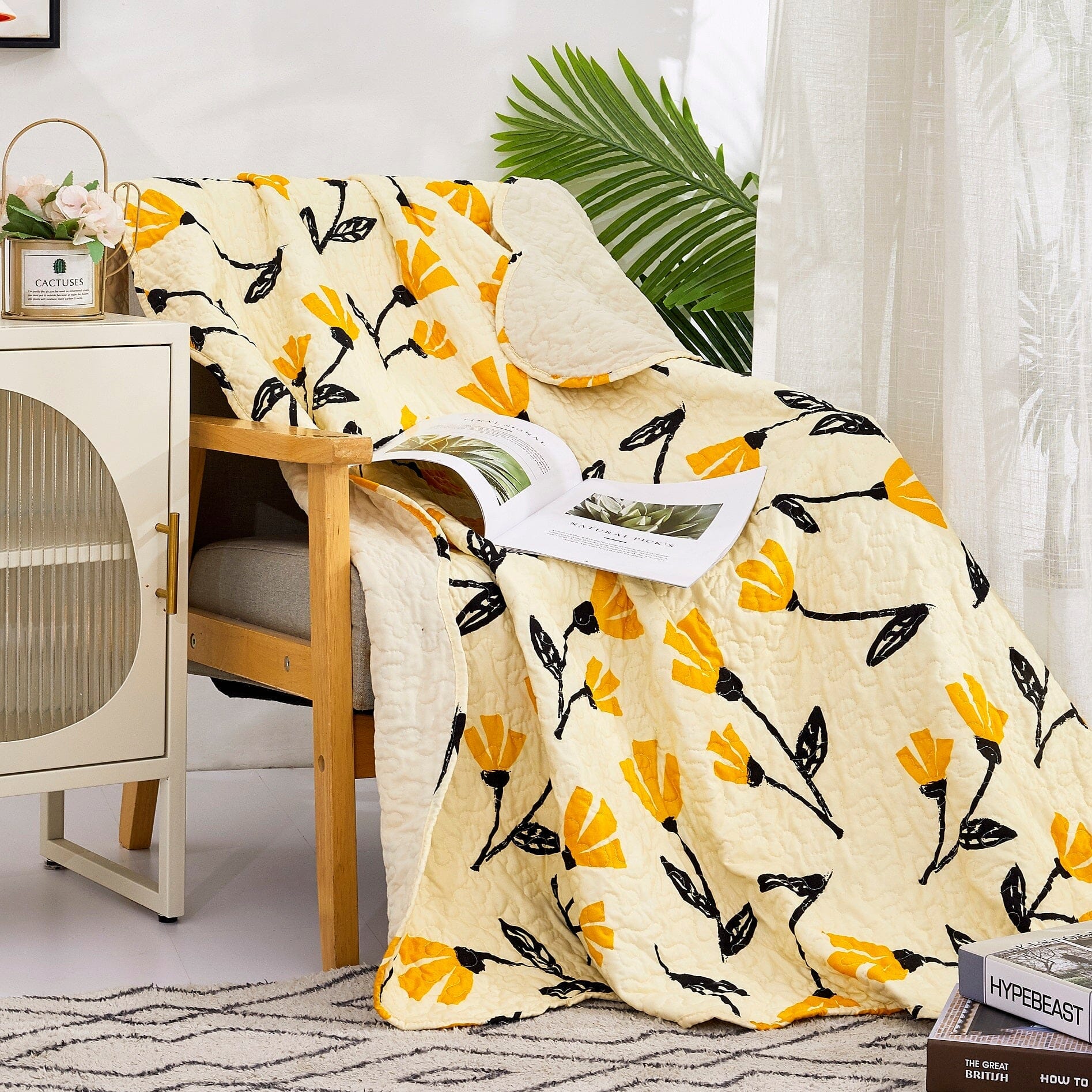 Botanical Floral Throw Blanket - Scalloped Edges Bright Vibrant Ivory Cream - 50 x 60