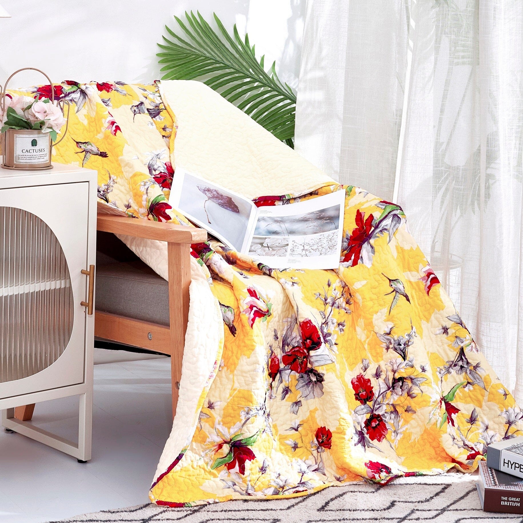 Yellow Floral Quilted Throw Blanket - Scalloped Edges