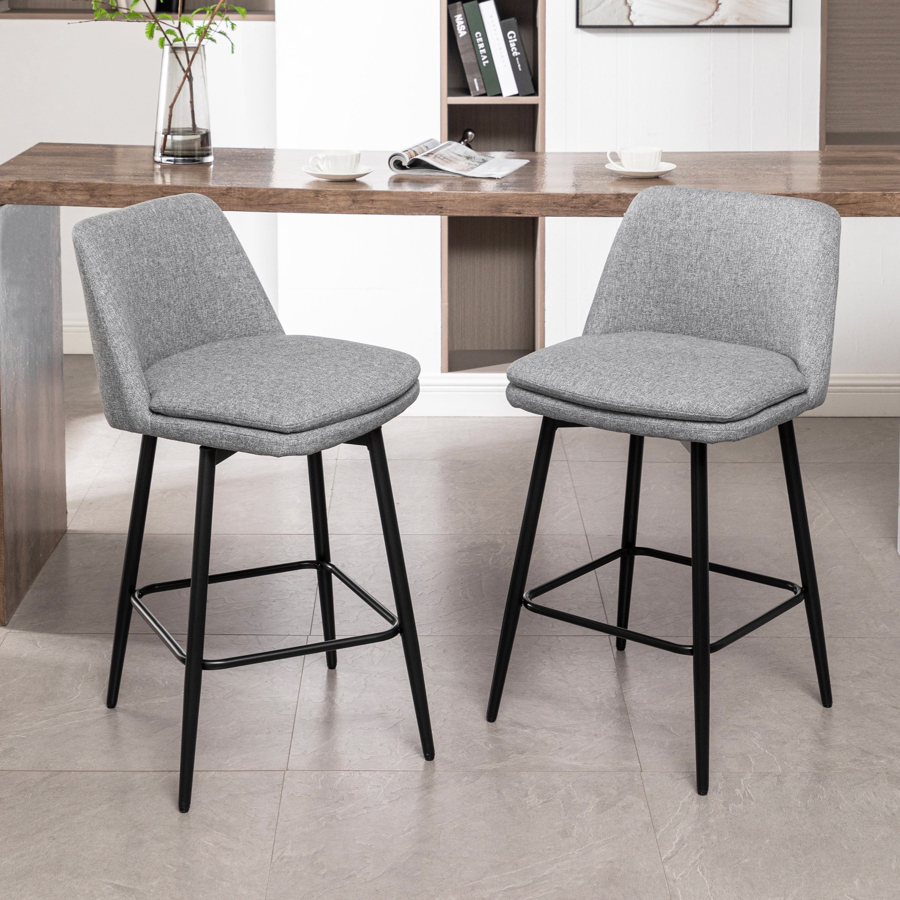 Counter Height Swivel Bar Stools Set of 2, 360° Swivel Upholstered Barstools with Back and Metal Legs, 25.6' Seat Height,Counter Stools for Kitchen Island and Pub,Linen Cloth,Grey by 39F INC.