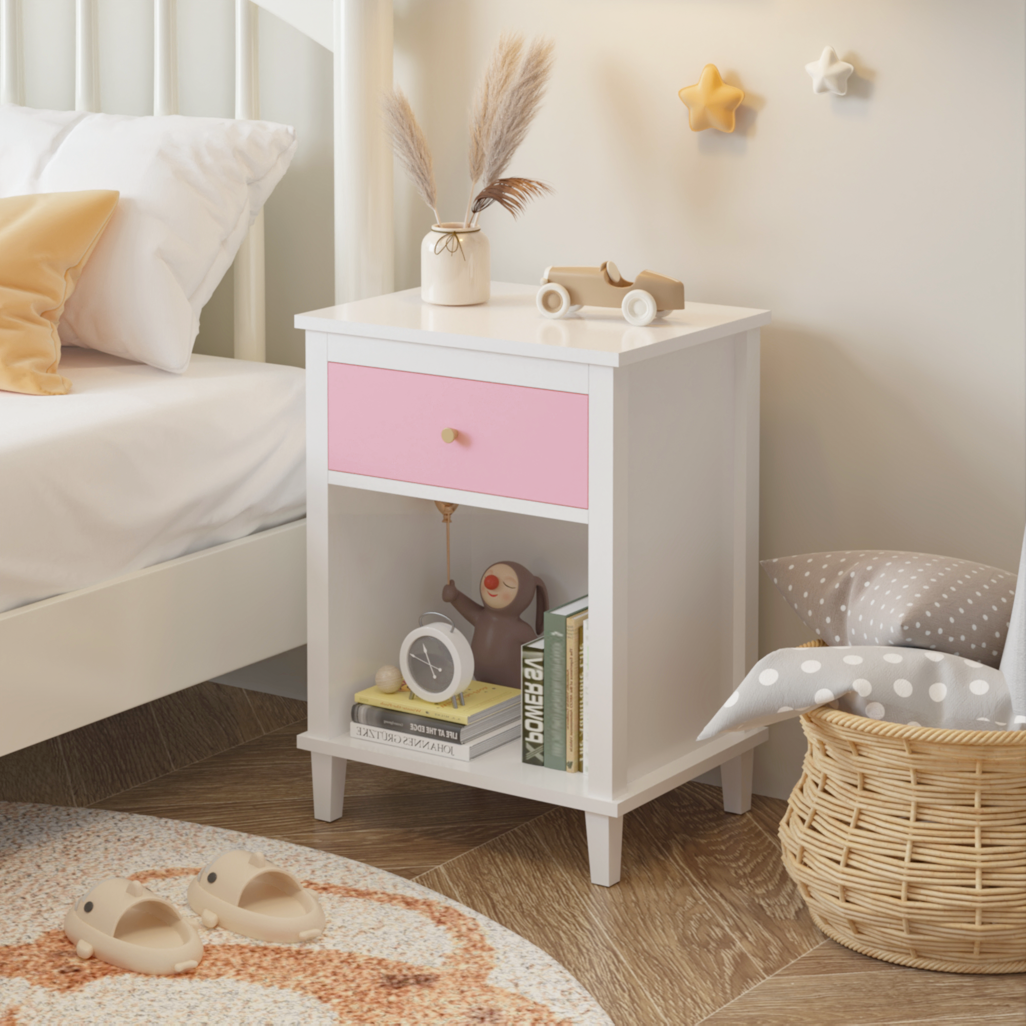 26.77''H Wooden Nightstand with One Drawer , Pink