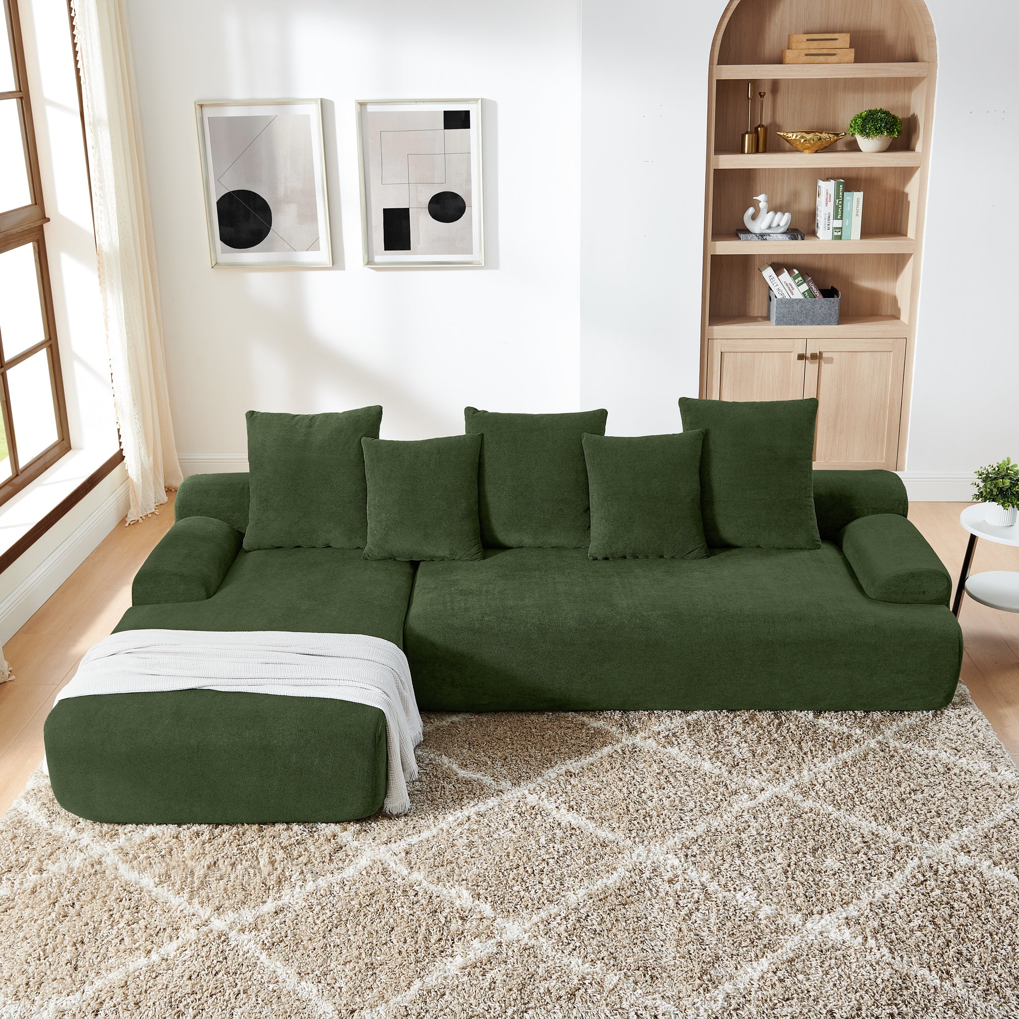Upholstered L-Shape Sectional Sofa Couch - Melange Velvet, Green