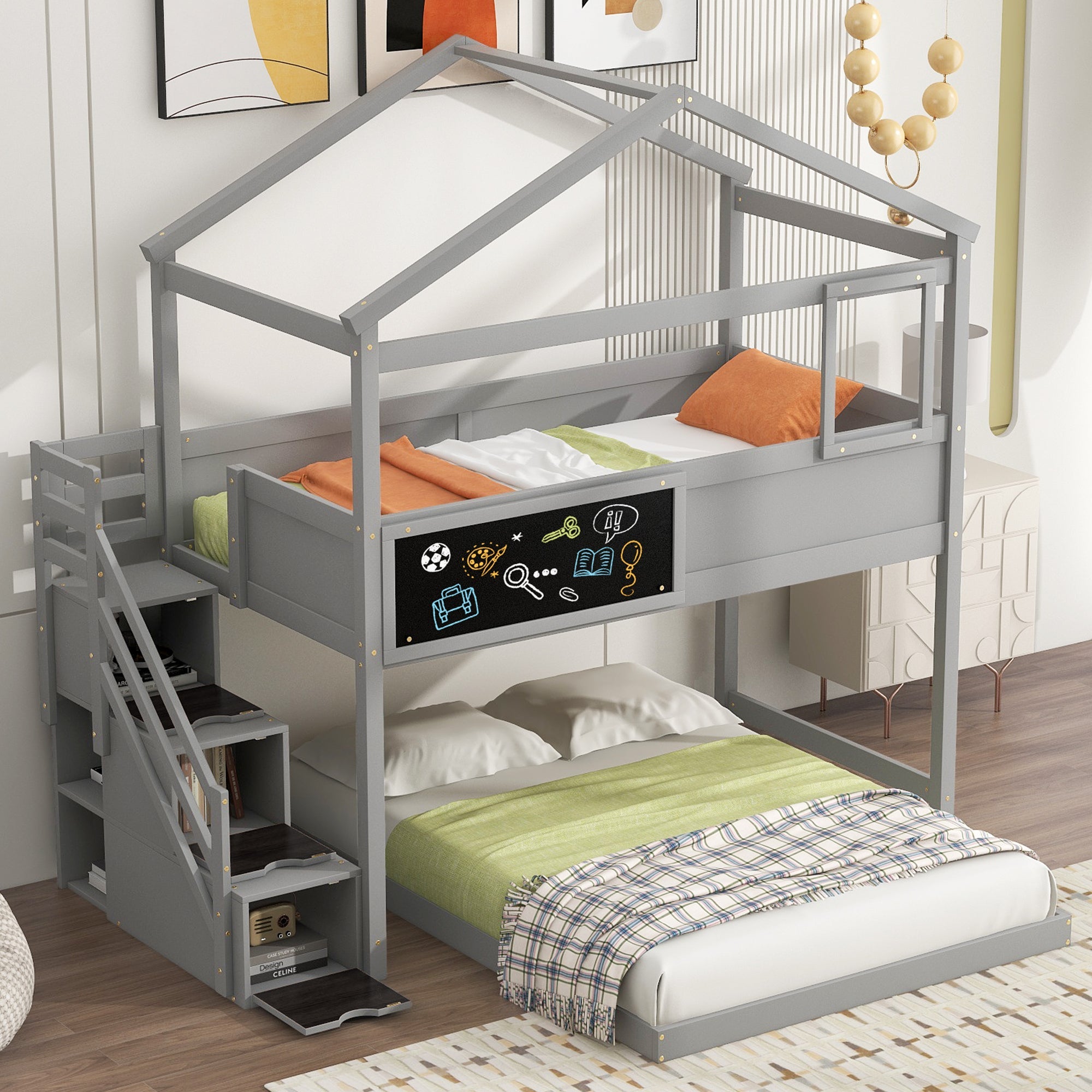 Twin-Over-Full House Bunk Bed with Storage Staircase and Blackboard, Gray