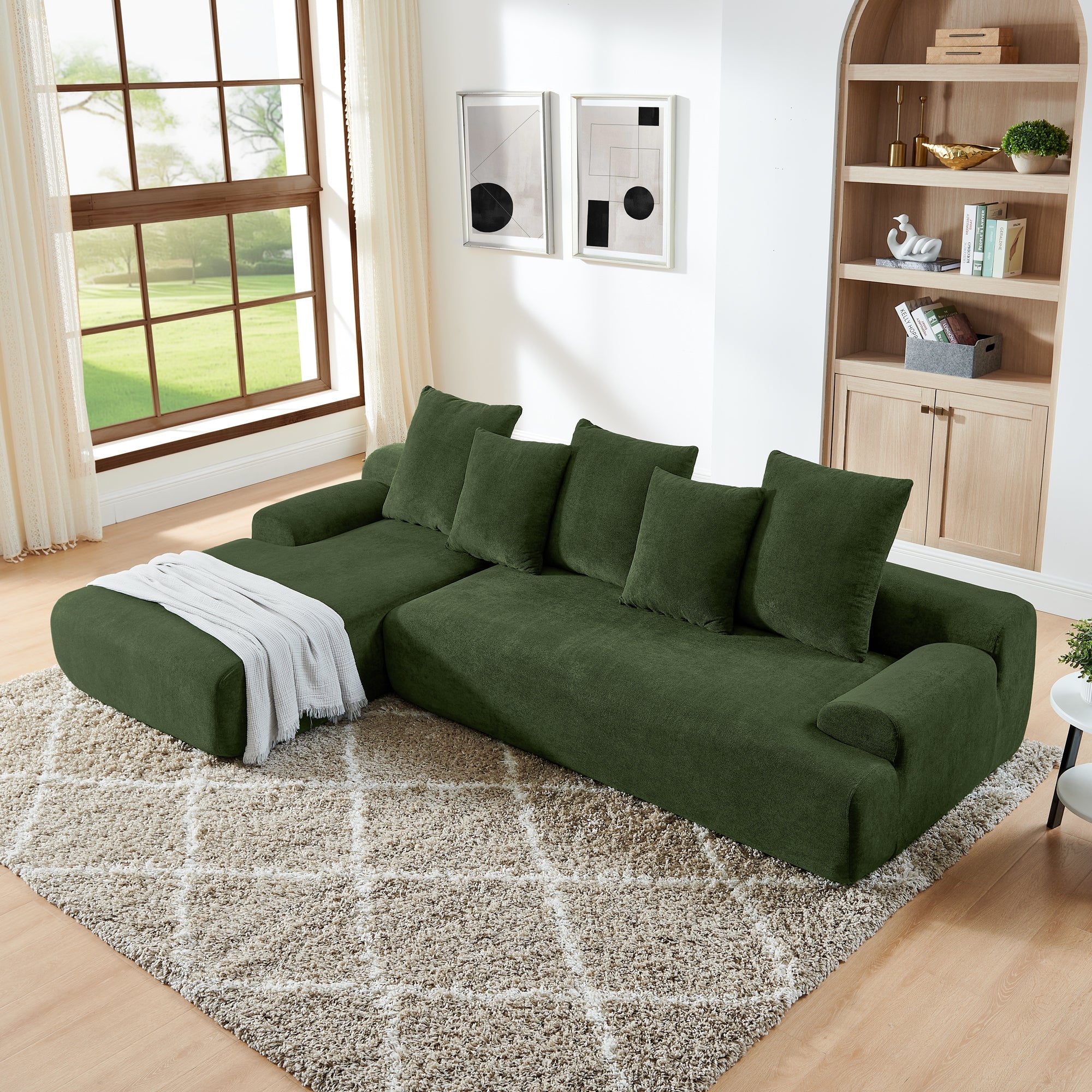 Upholstered L-Shape Sectional Sofa Couch - Melange Velvet, Green