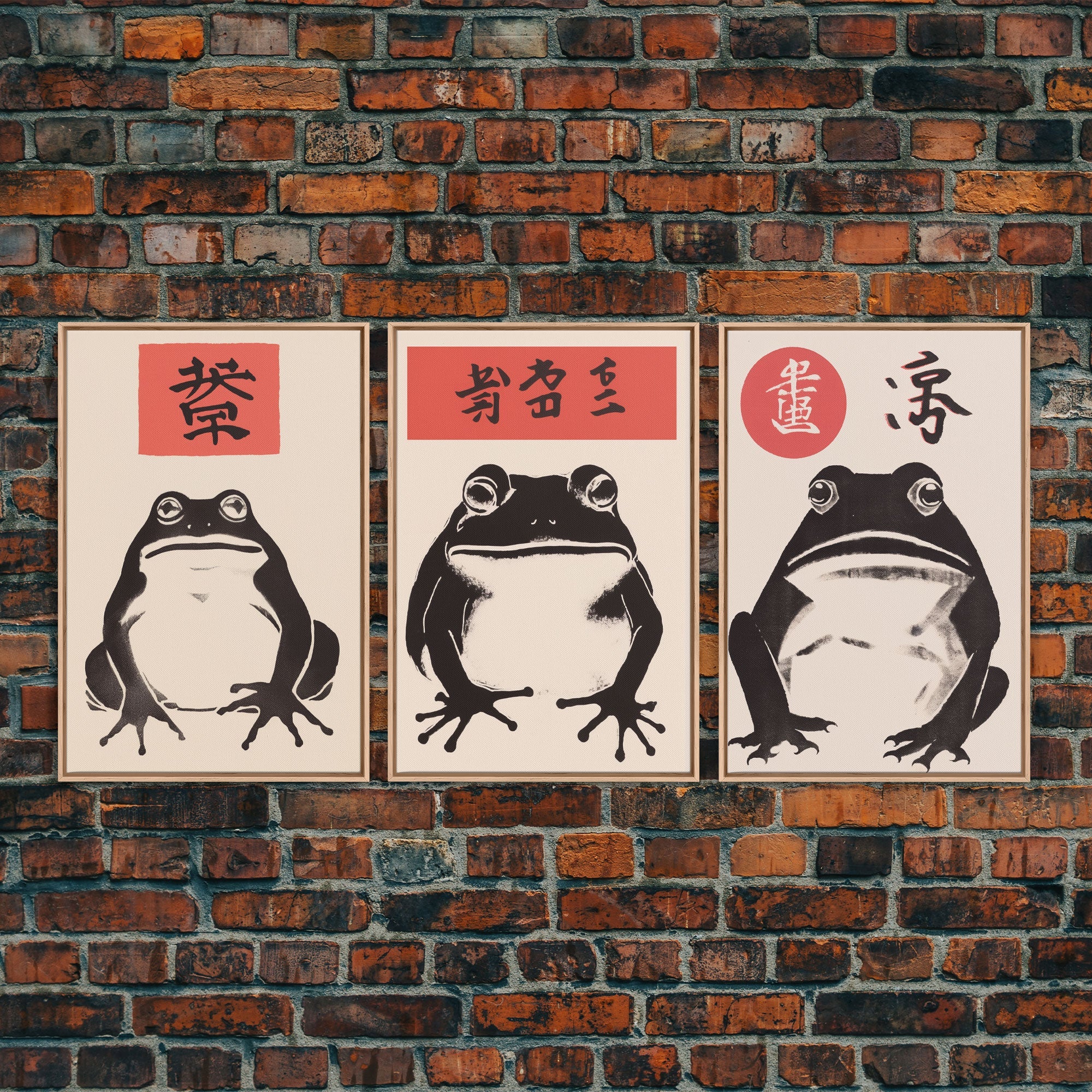 Japanese Set of 3 Frog Prints, Matsumoto Hoji Inspired Wall Decor, Wabi Sabi