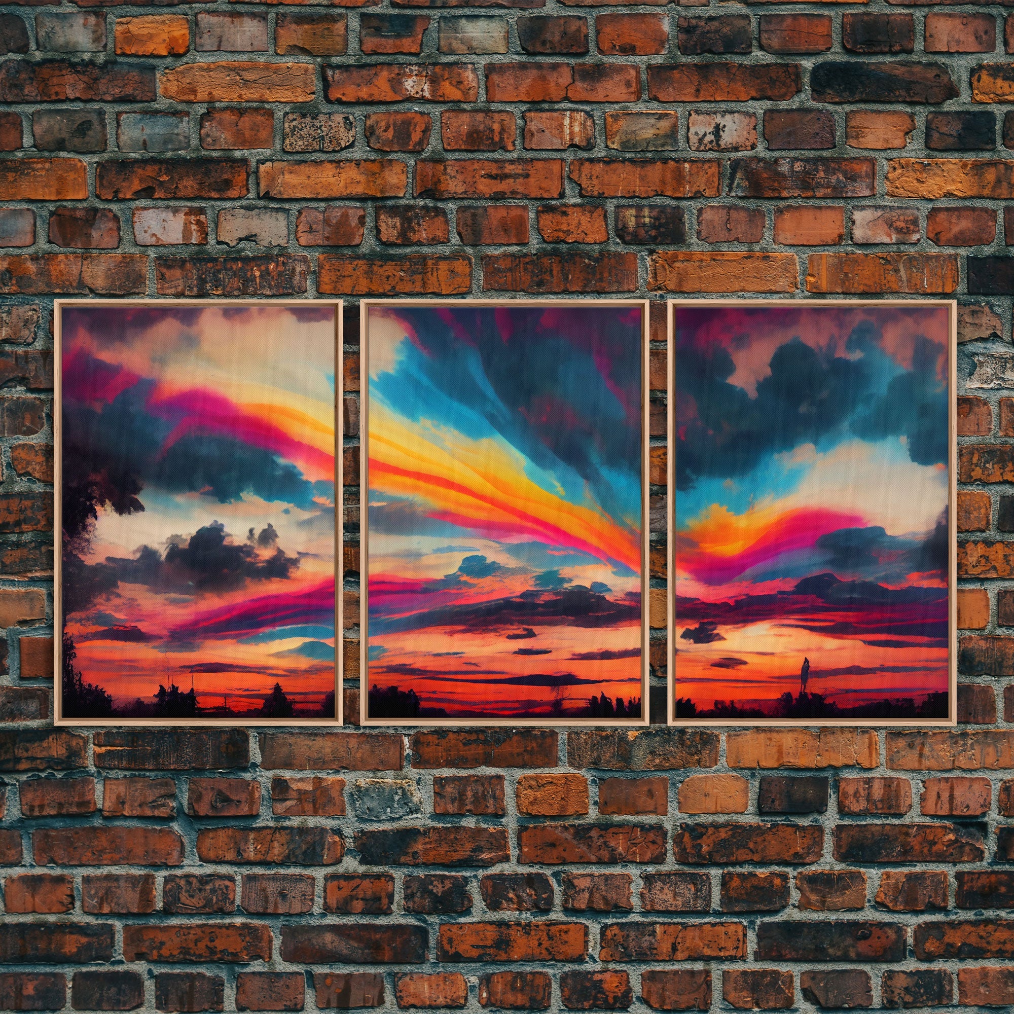 Psychedelic Sunset, 3 piece Canvas Print Wall Art