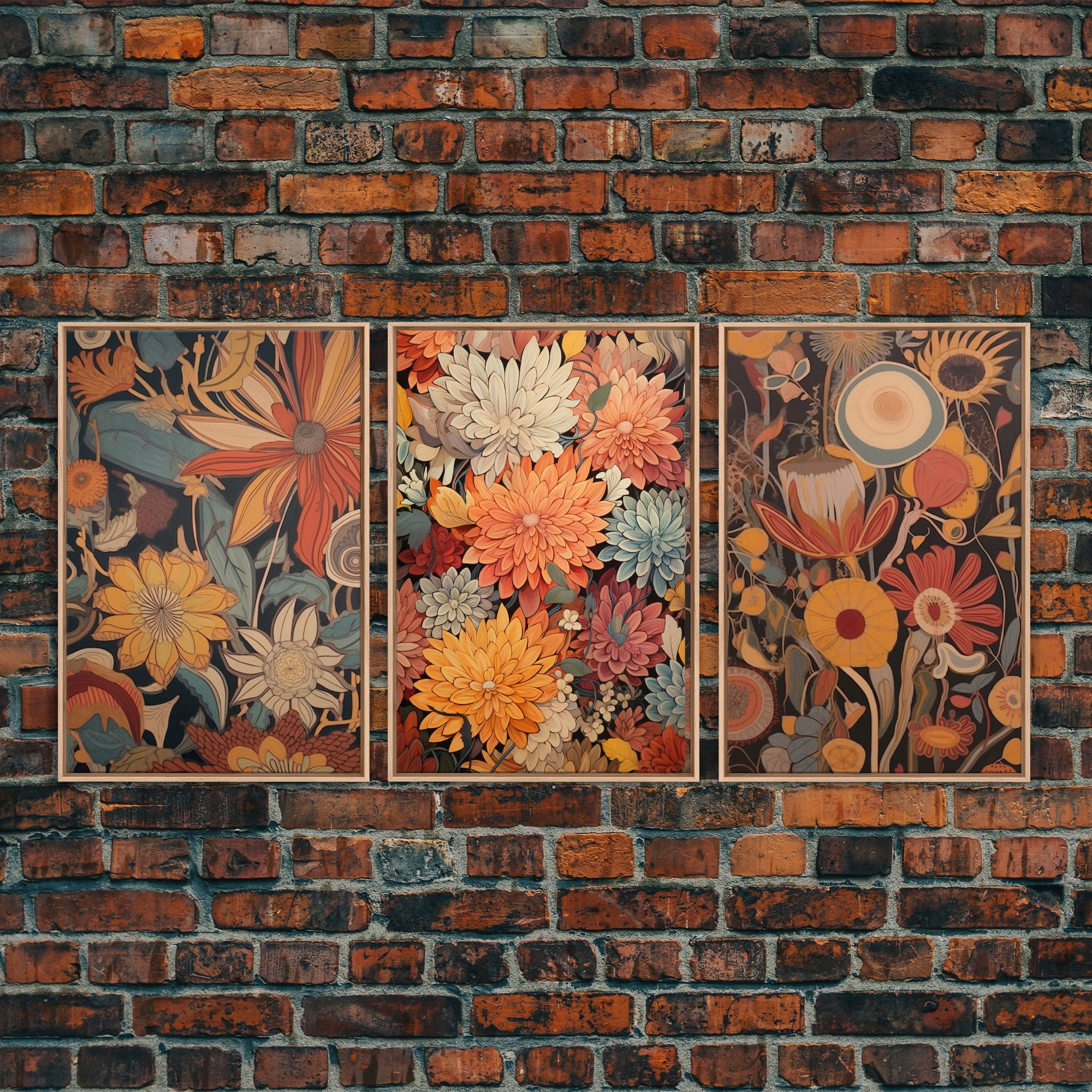 Boho Style Wall Art, Framed Canvas Print 3 Piece Set