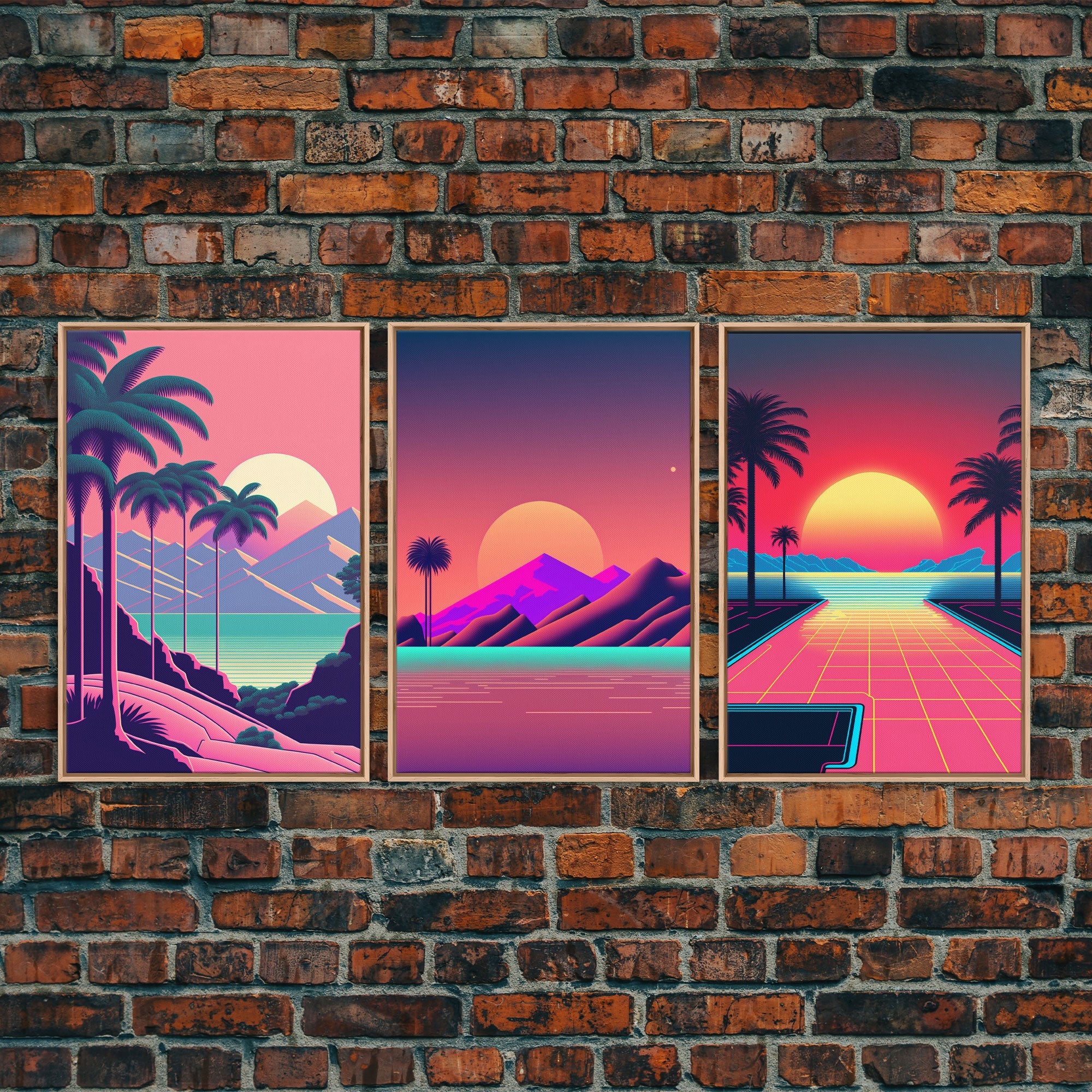 Retro 80s Style Art, 3 Panel Framed Canvas Prints