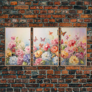 Peony Wall Art, Butterflies Art, Canvas Print, 3 Piece Wall Art