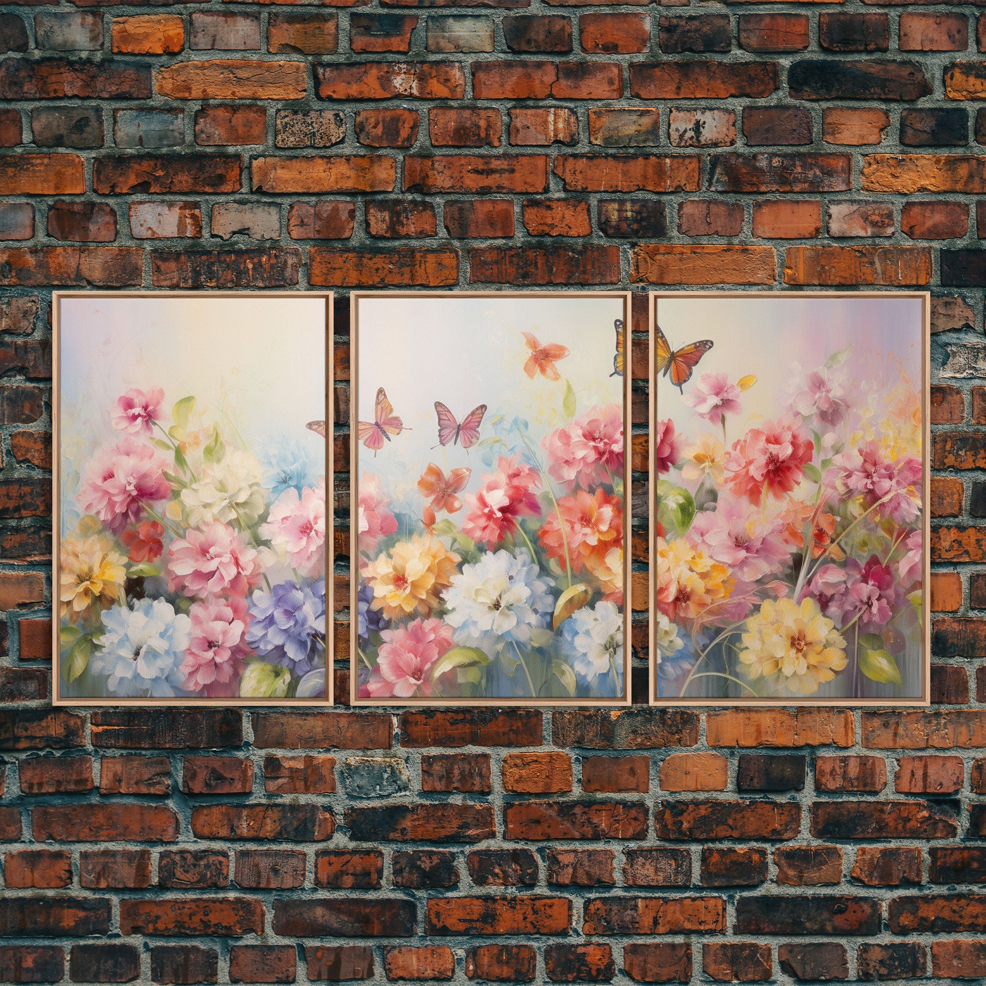 Peony Wall Art, Butterflies Art, Canvas Print, 3 Piece Wall Art