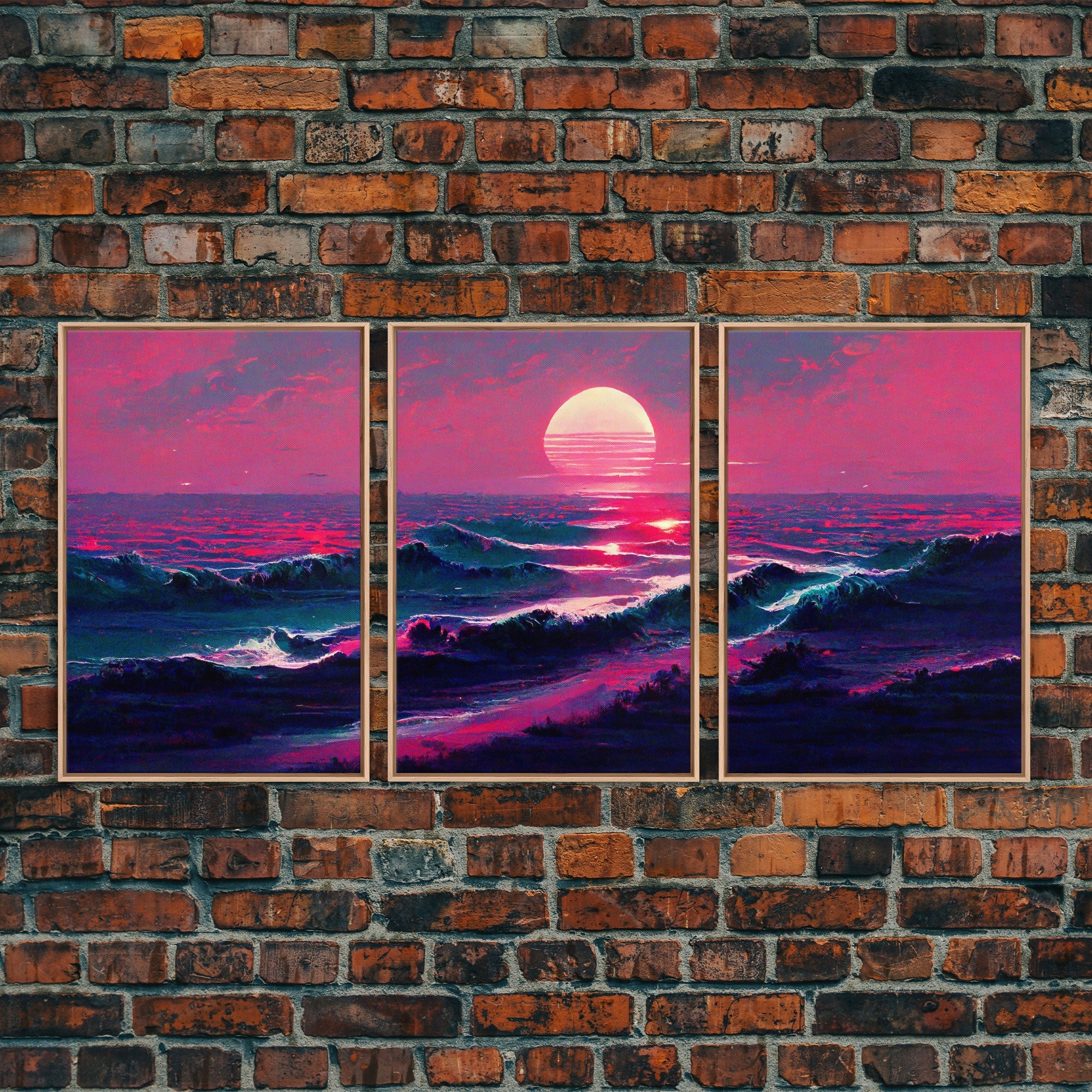 Outrun Style Synthwave Sunset Ocean Waves, 3 Piece Canvas Print