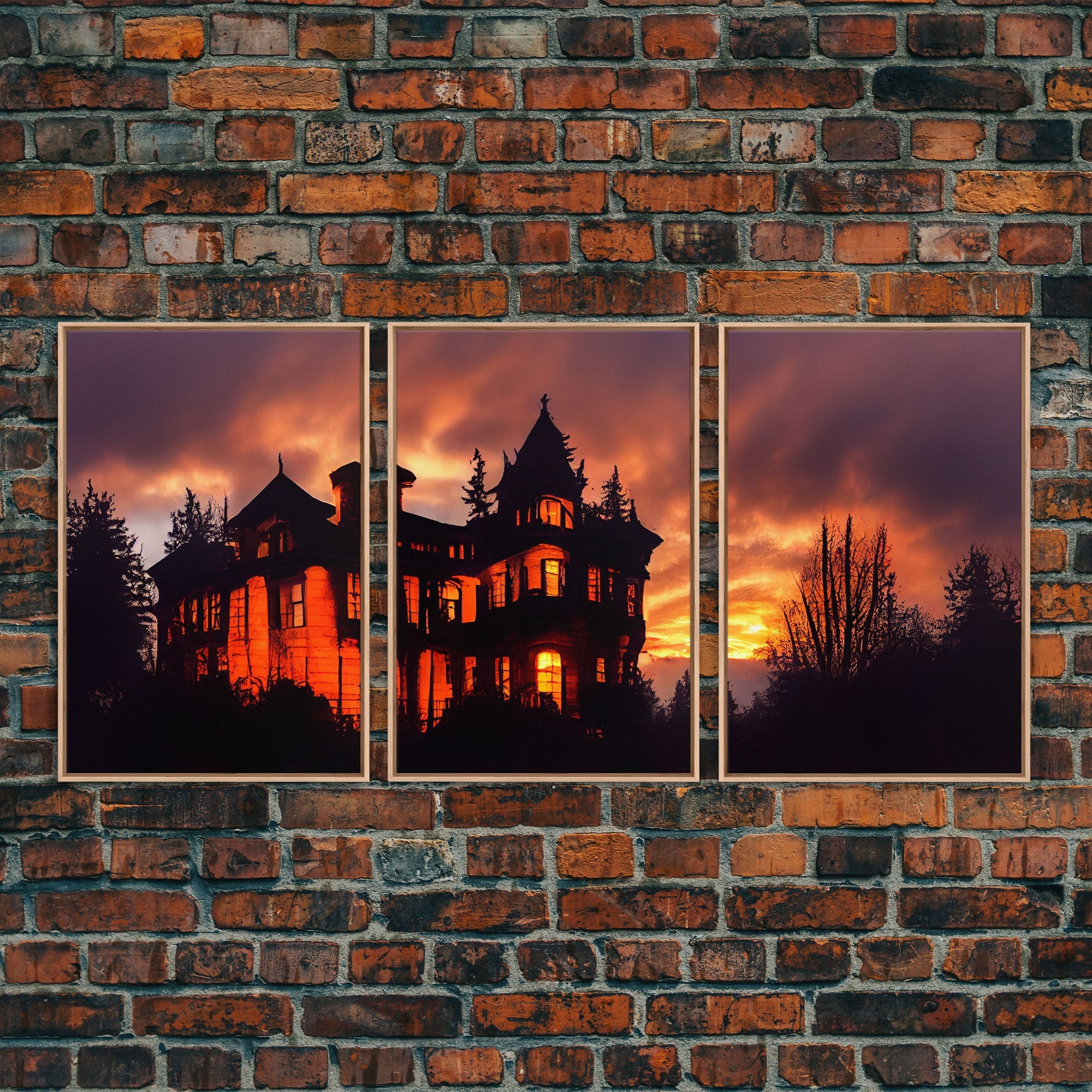 3 Piece Canvas Wall Decor, Victorian Style Haunted House