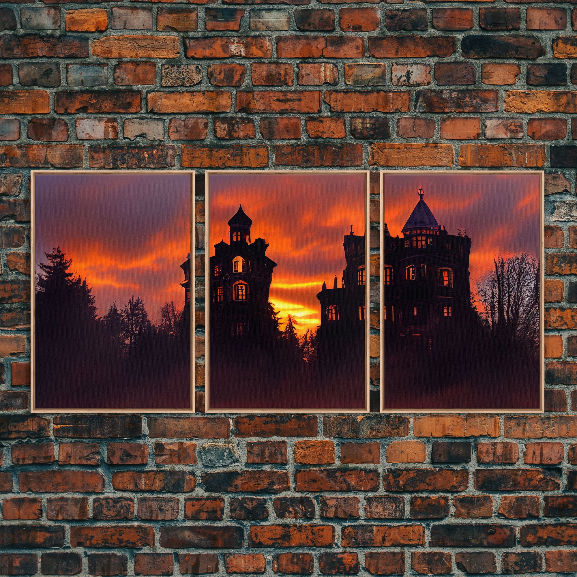 3 Piece Canvas Wall Decor, Victorian Style Haunted House