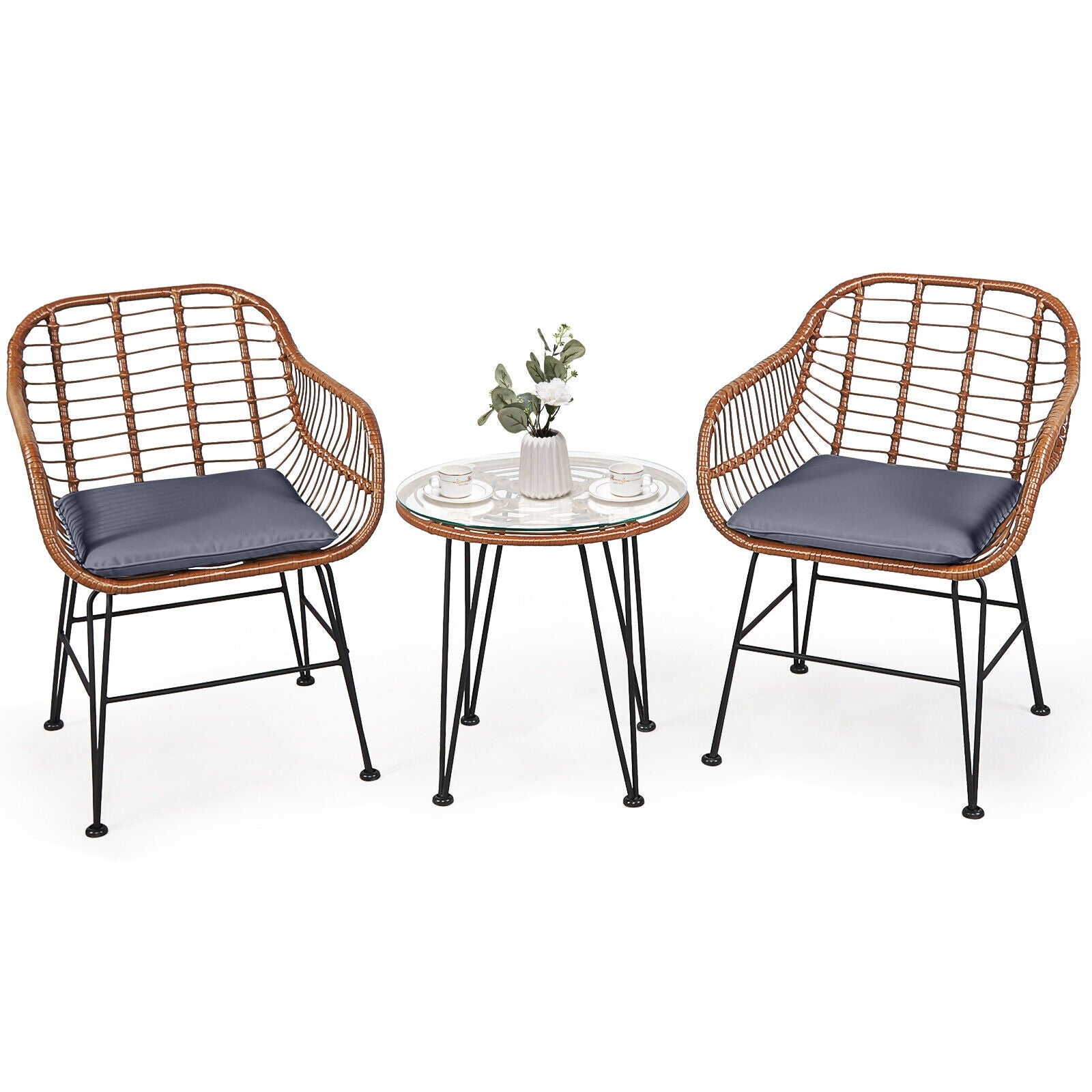 3 Pieces Patio Rattan Bistro Set with Cushion - Gray