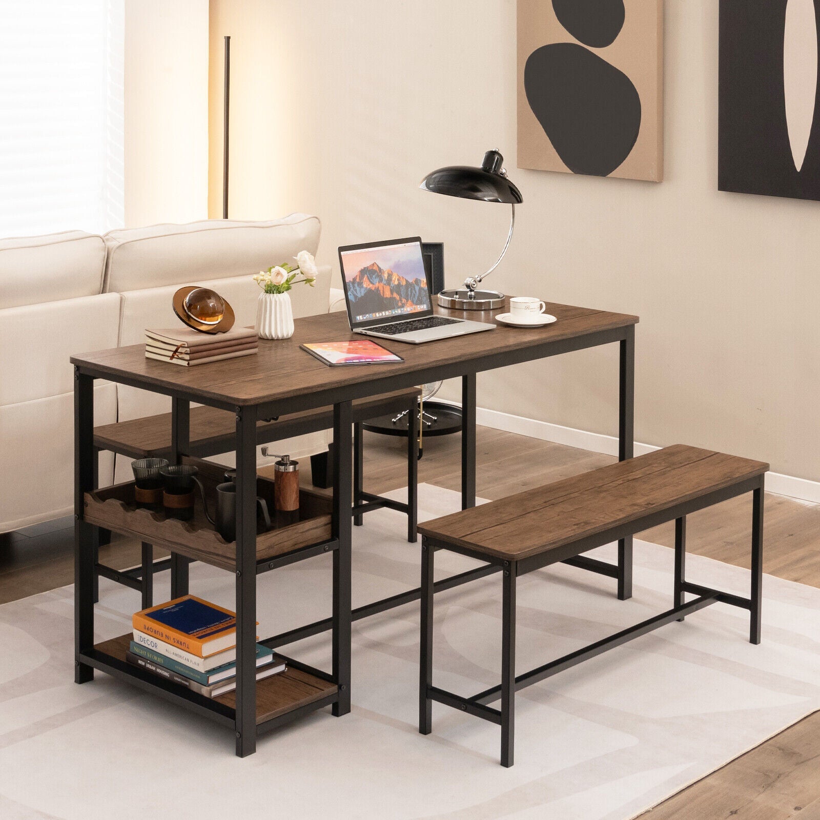 3 Pieces Dining Table Set for 4 with Wine Rack - Brown