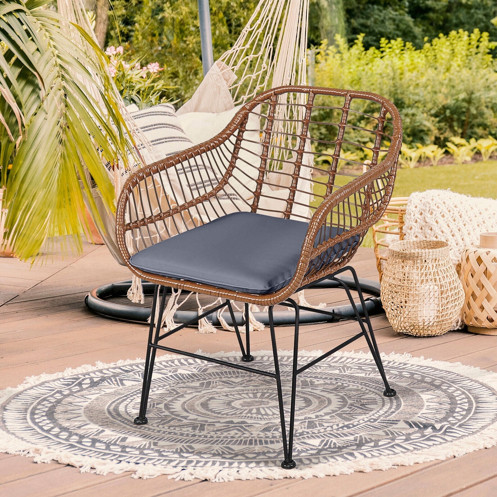 3 Pieces Patio Rattan Bistro Set with Cushion - Gray