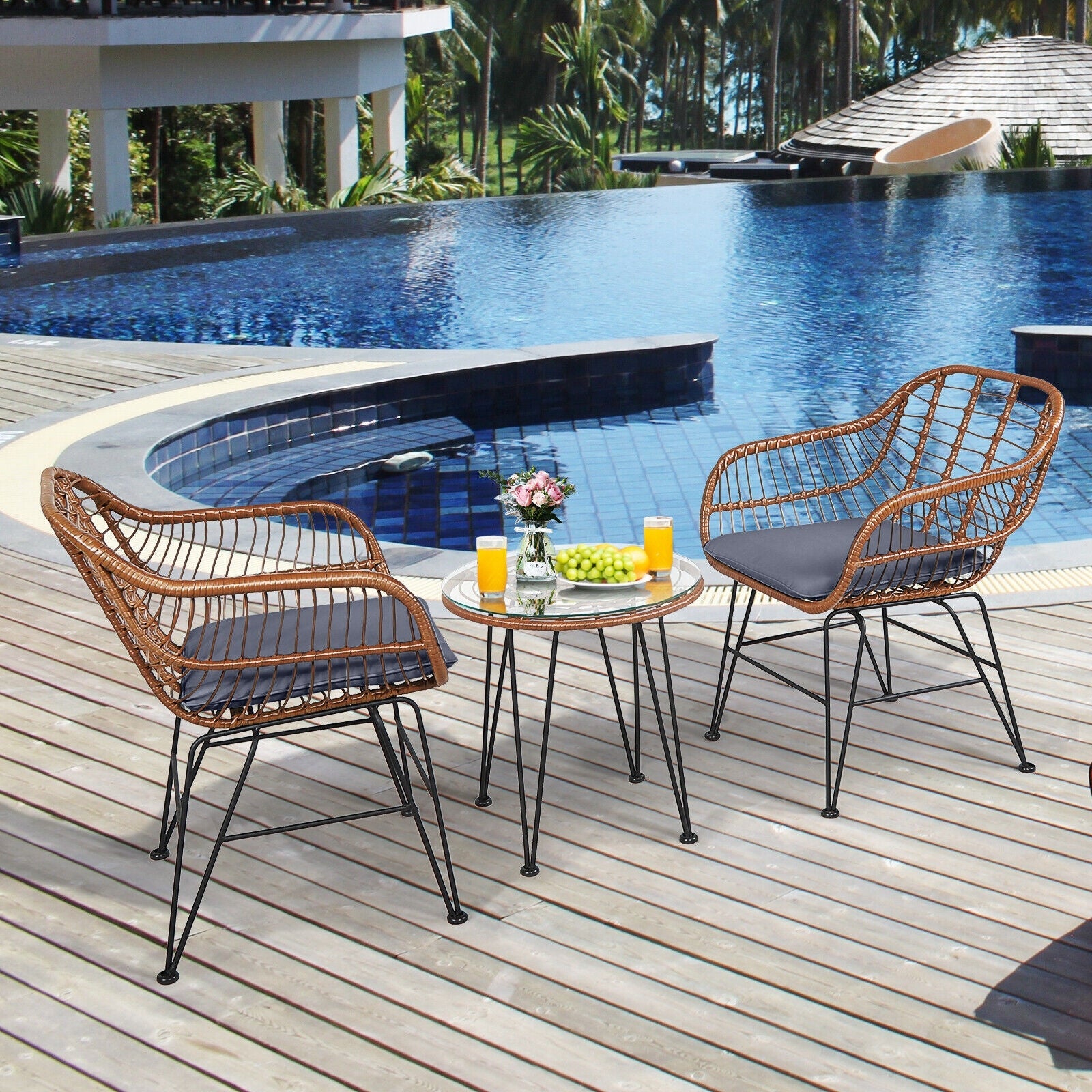 3 Pieces Patio Rattan Bistro Set with Cushion - Gray
