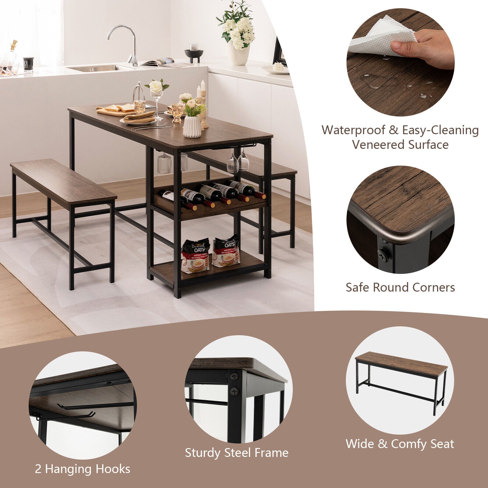 3 Pieces Dining Table Set for 4 with Wine Rack-Brown by DirectDeals