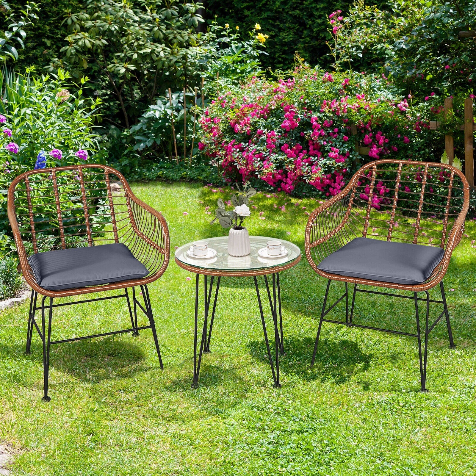 3 Pieces Patio Rattan Bistro Set with Cushion - Gray