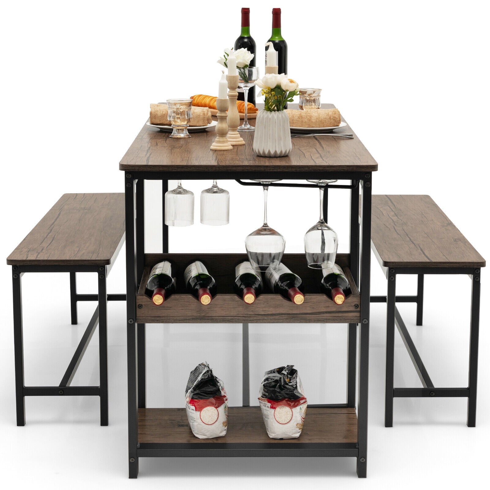 3 Pieces Dining Table Set for 4 with Wine Rack-Brown by DirectDeals