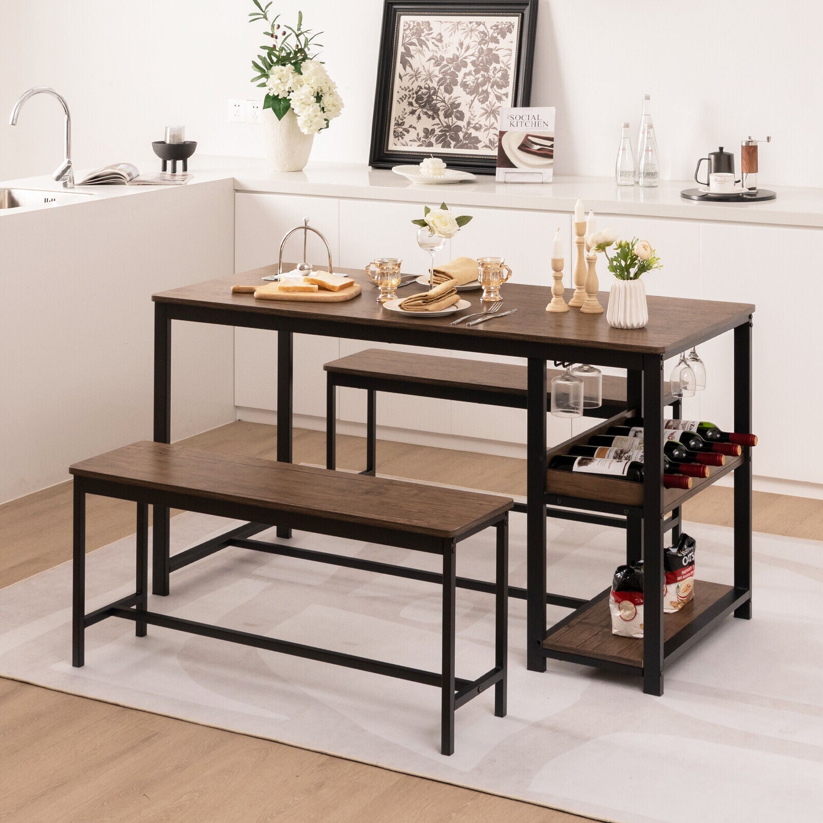 3 Pieces Dining Table Set for 4 with Wine Rack-Brown by DirectDeals
