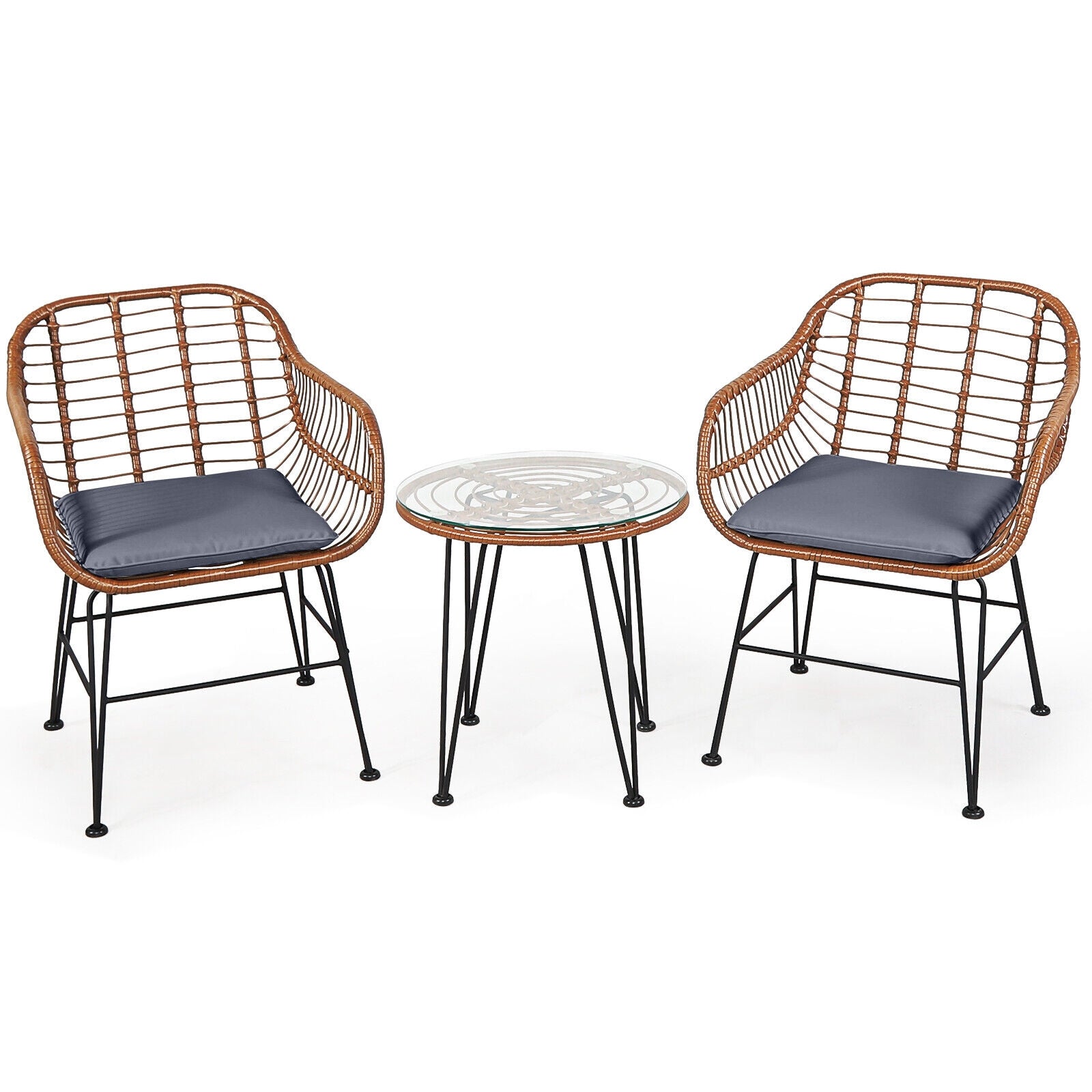 3 Pieces Patio Rattan Bistro Set with Cushion - Gray