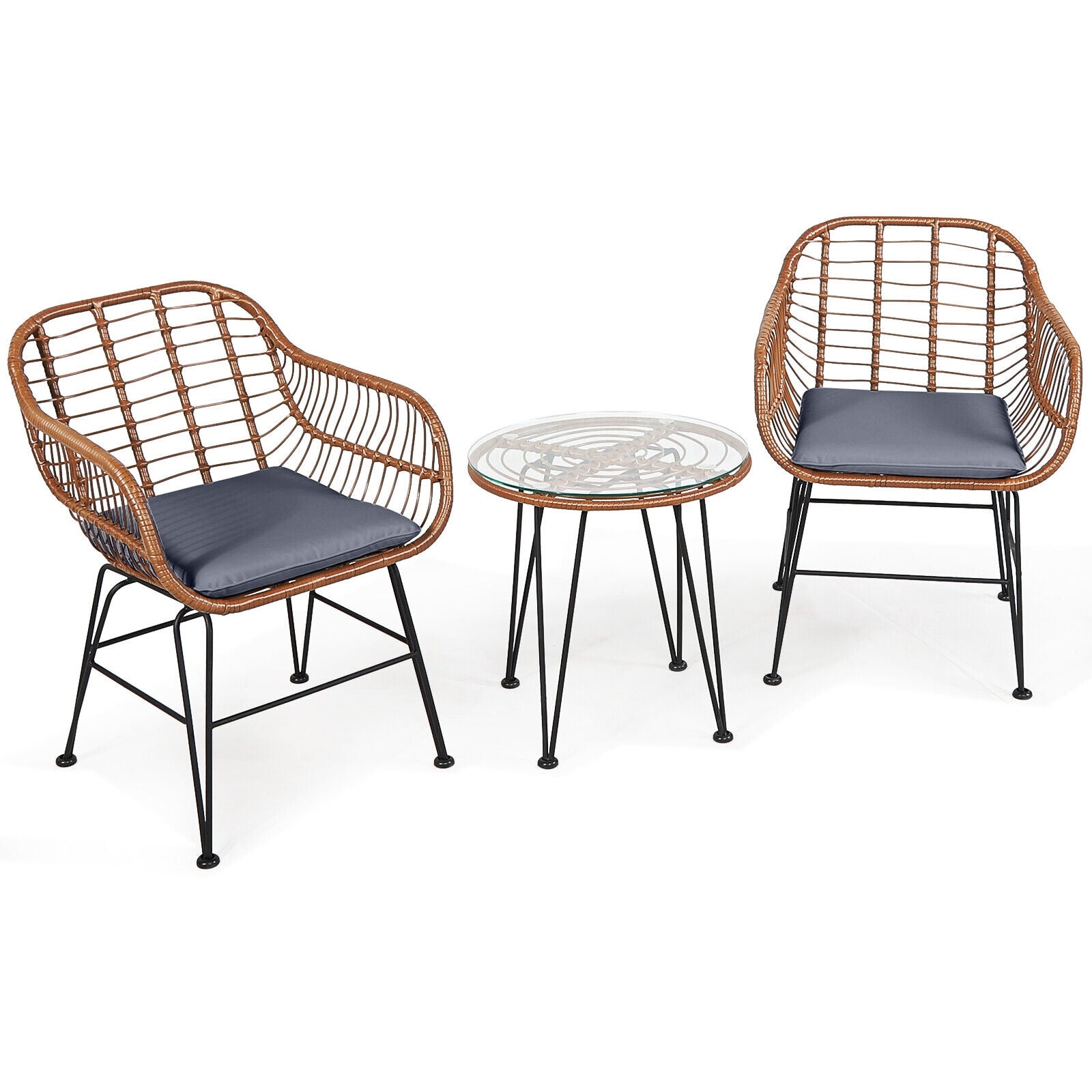 3 Pieces Patio Rattan Bistro Set with Cushion - Gray