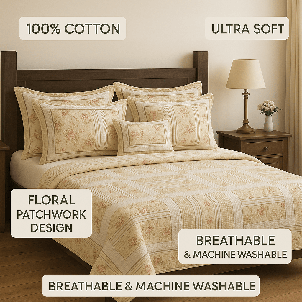 Cottage Floral Blossoming Patchwork Quilted Coverlet Bedspread Set