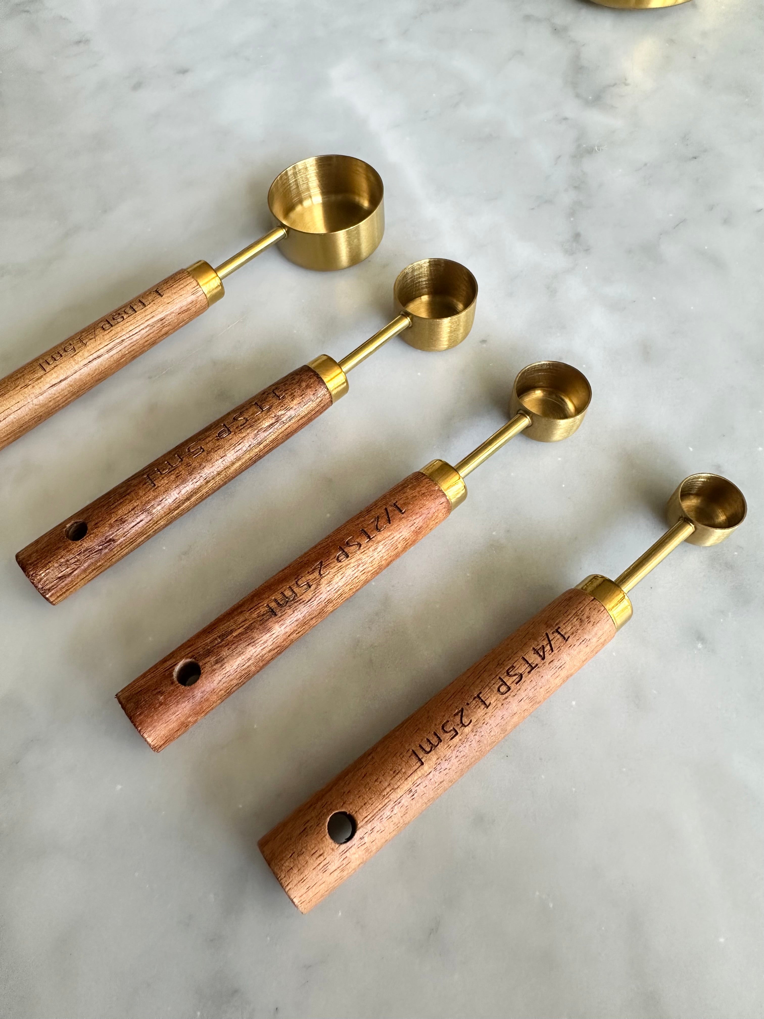 Acacia Wood and Gold Measuring Cups, Set of 8