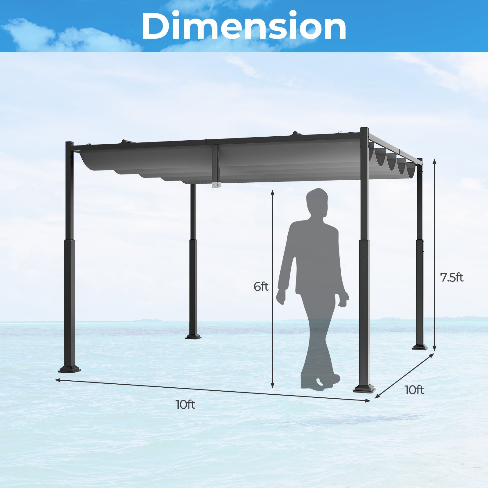 10 x 10 Feet Outdoor Pergola with Retractable Canopy and Metal Columns-Gray