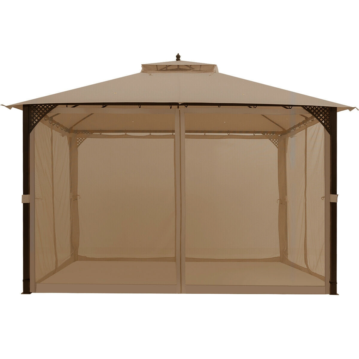 12 x 10 Feet Outdoor Double Top Patio Gazebo with Netting - Brown