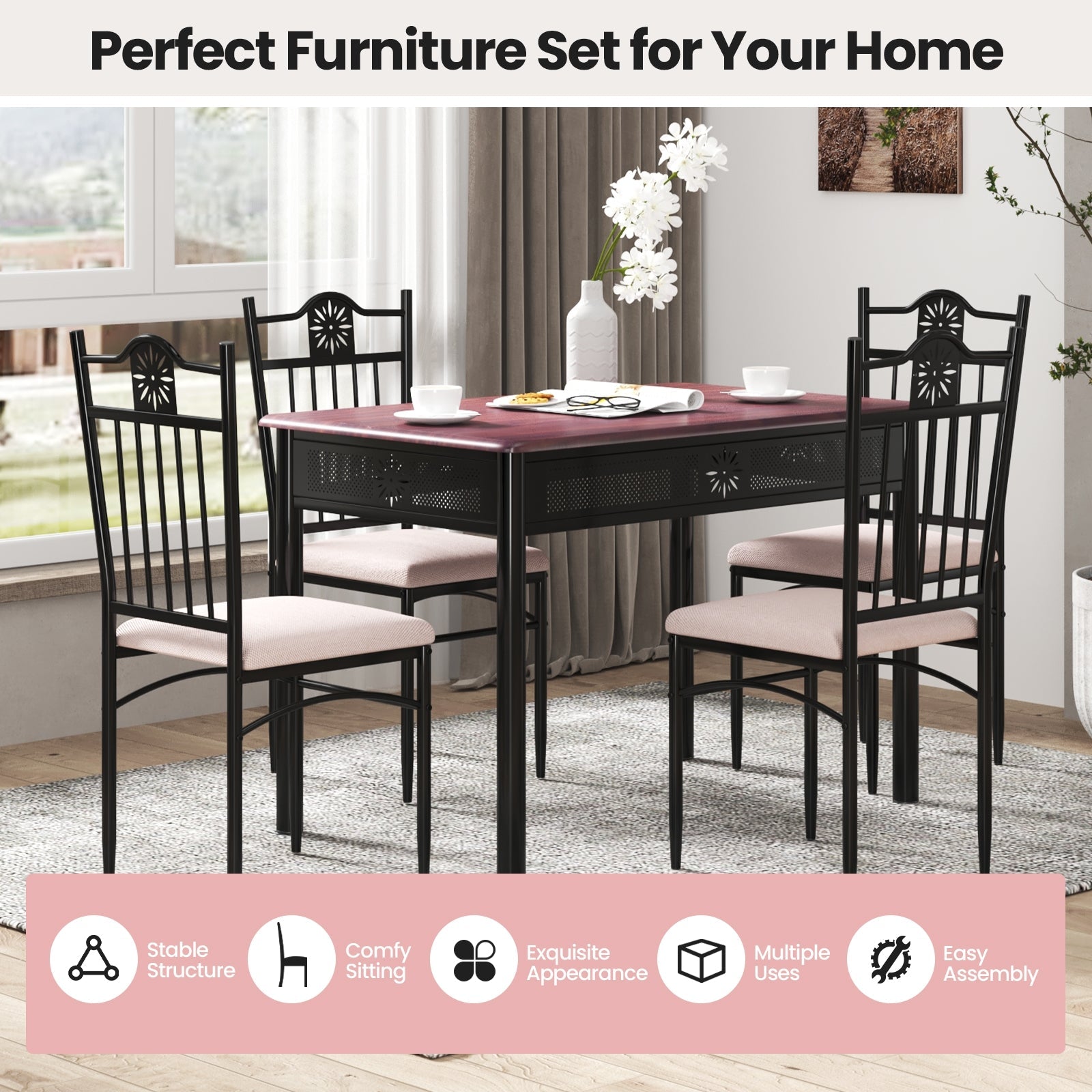 5 Pcs Dining Set, Wood Metal Table and 4 Chairs with Cushions