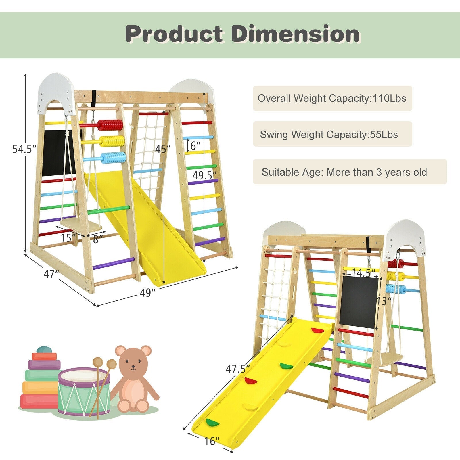 Indoor Wooden 8-in-1 Climber Playset for Children-Multicolor