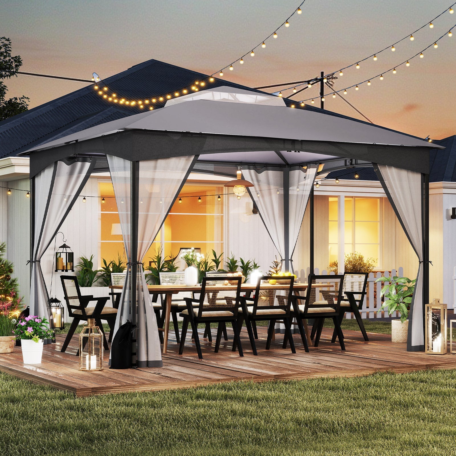 10 X 12 FT Patio Gazebo with Netting Walls with 4 Sandbags - Gray