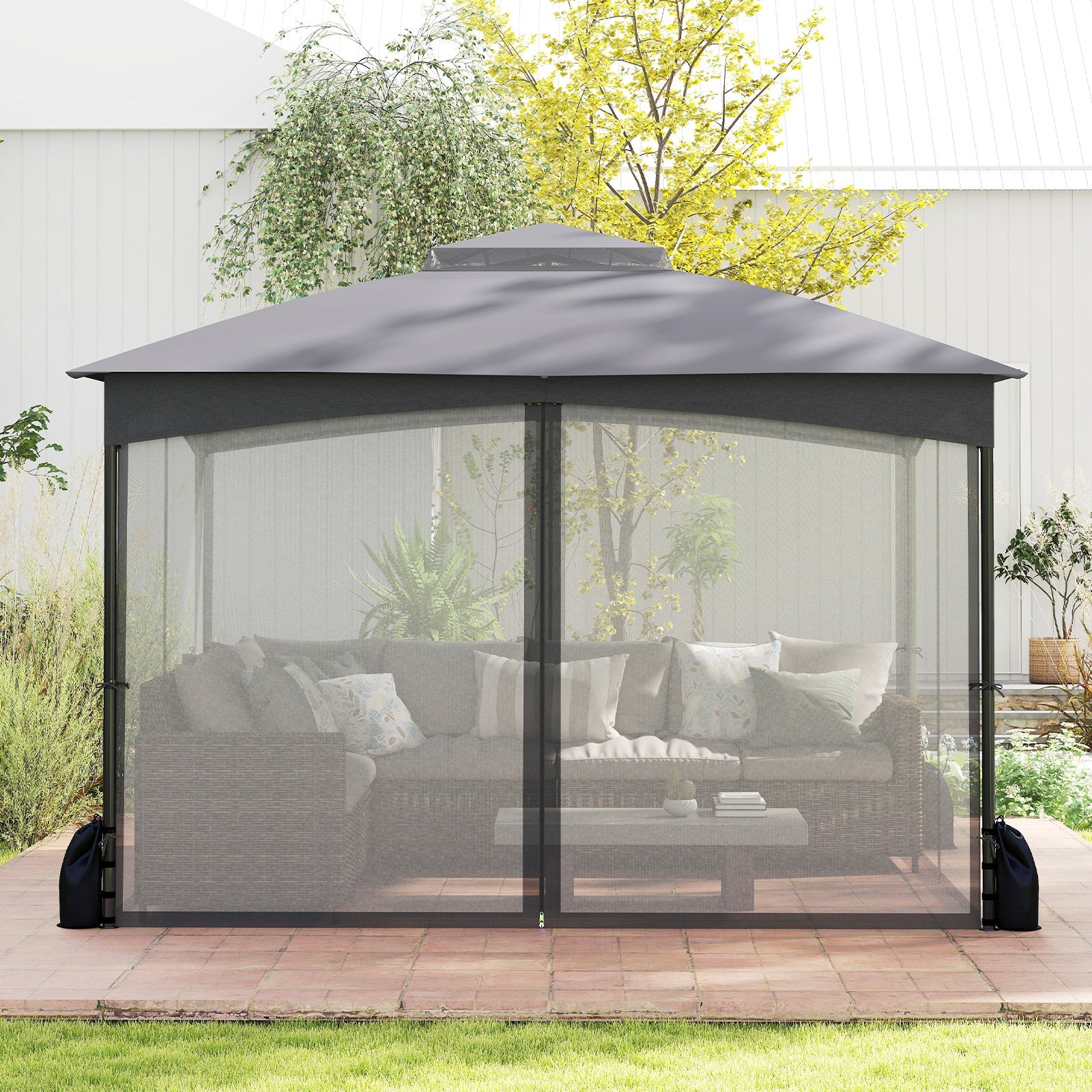 10 X 12 FT Patio Gazebo with Netting Walls with 4 Sandbags - Gray