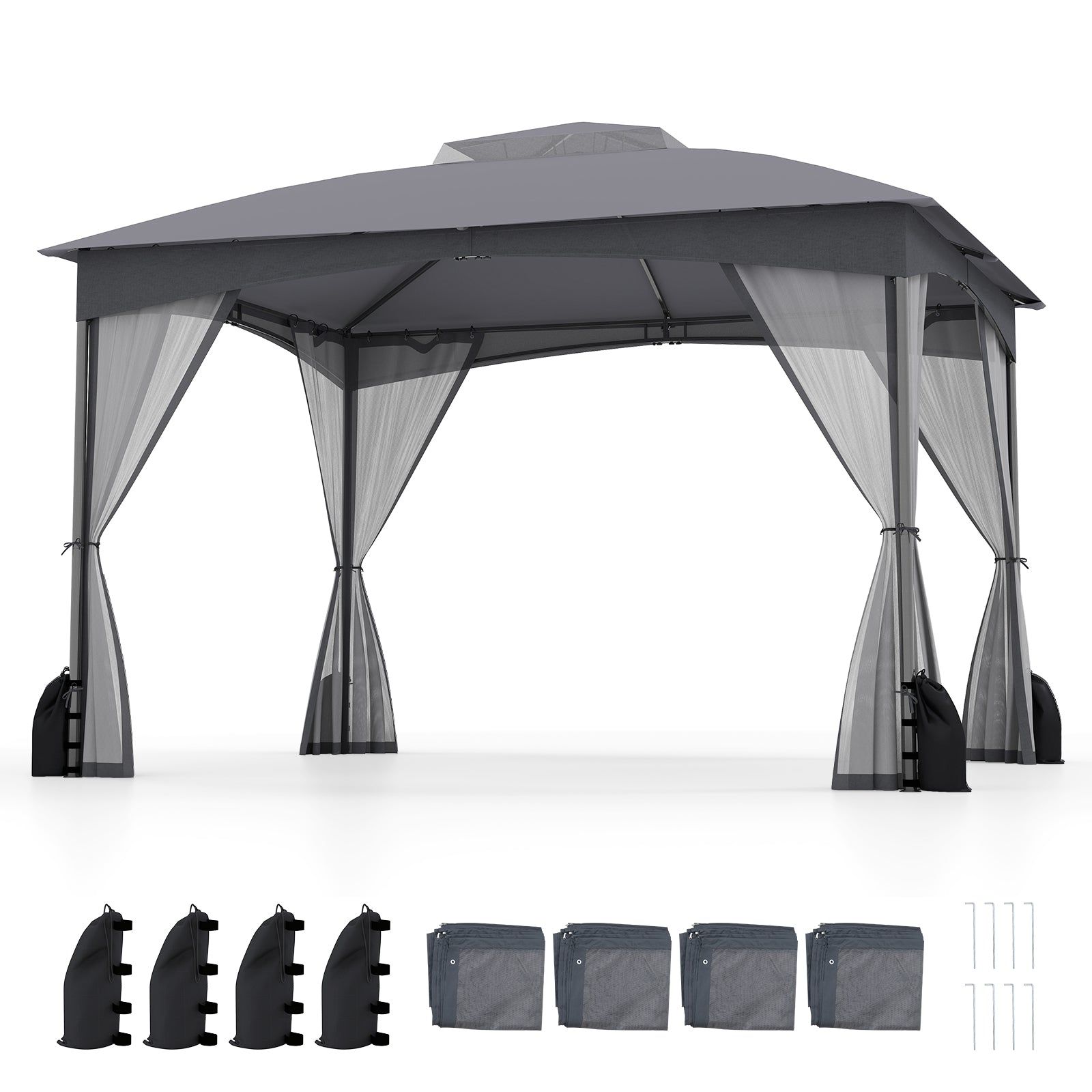 10 X 12 FT Patio Gazebo with Netting Walls with 4 Sandbags - Gray