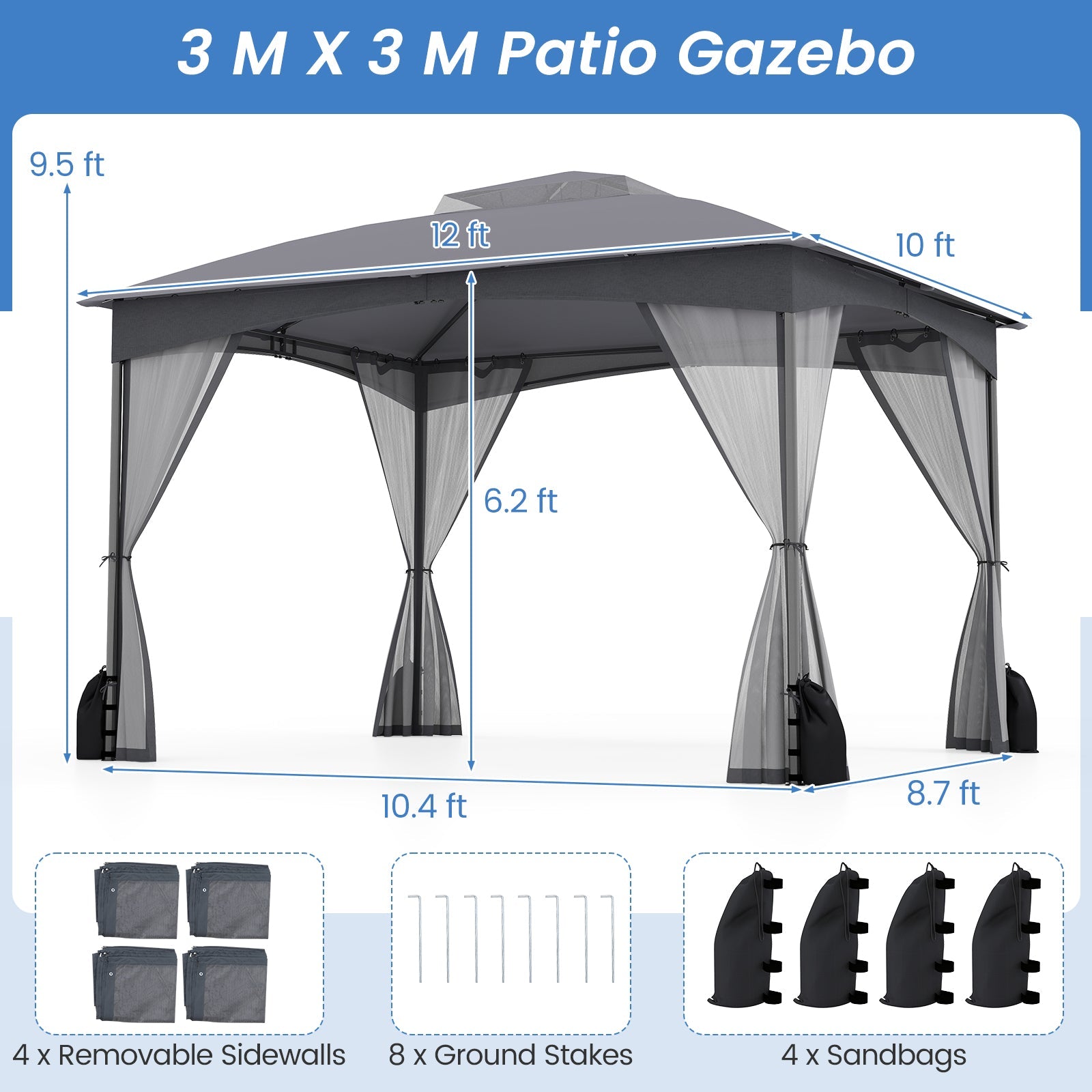 10 X 12 FT Patio Gazebo with Netting Walls with 4 Sandbags - Gray
