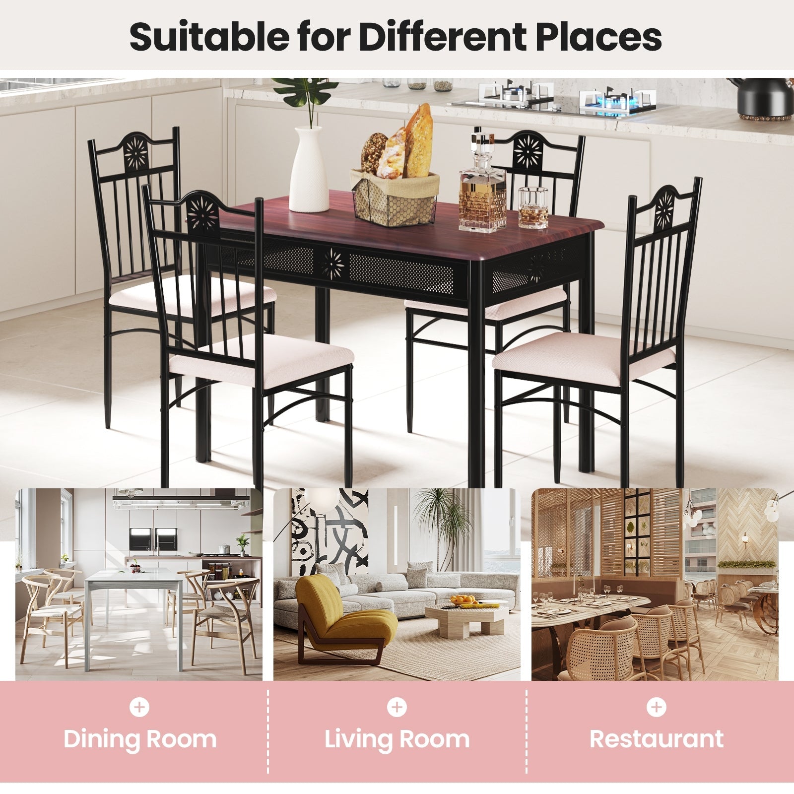 5 Pcs Dining Set, Wood Metal Table and 4 Chairs with Cushions