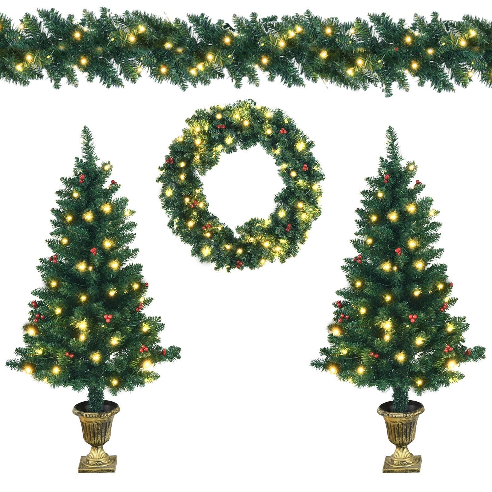 4 Pieces Christmas Decoration Set with Garland Wreath and Entrance Trees by DirectDeals