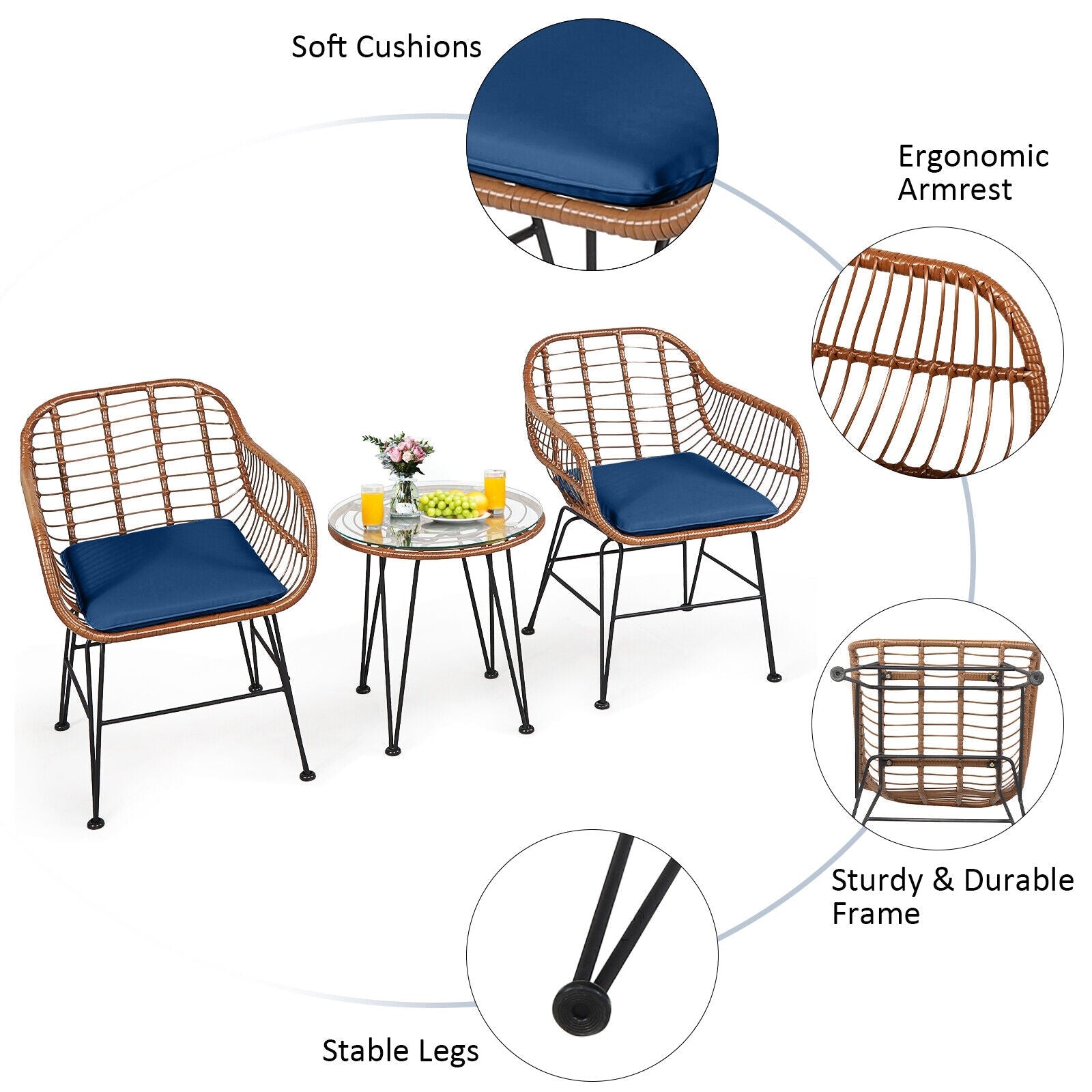 3 Pieces Patio Rattan Bistro Set with Cushion - Navy