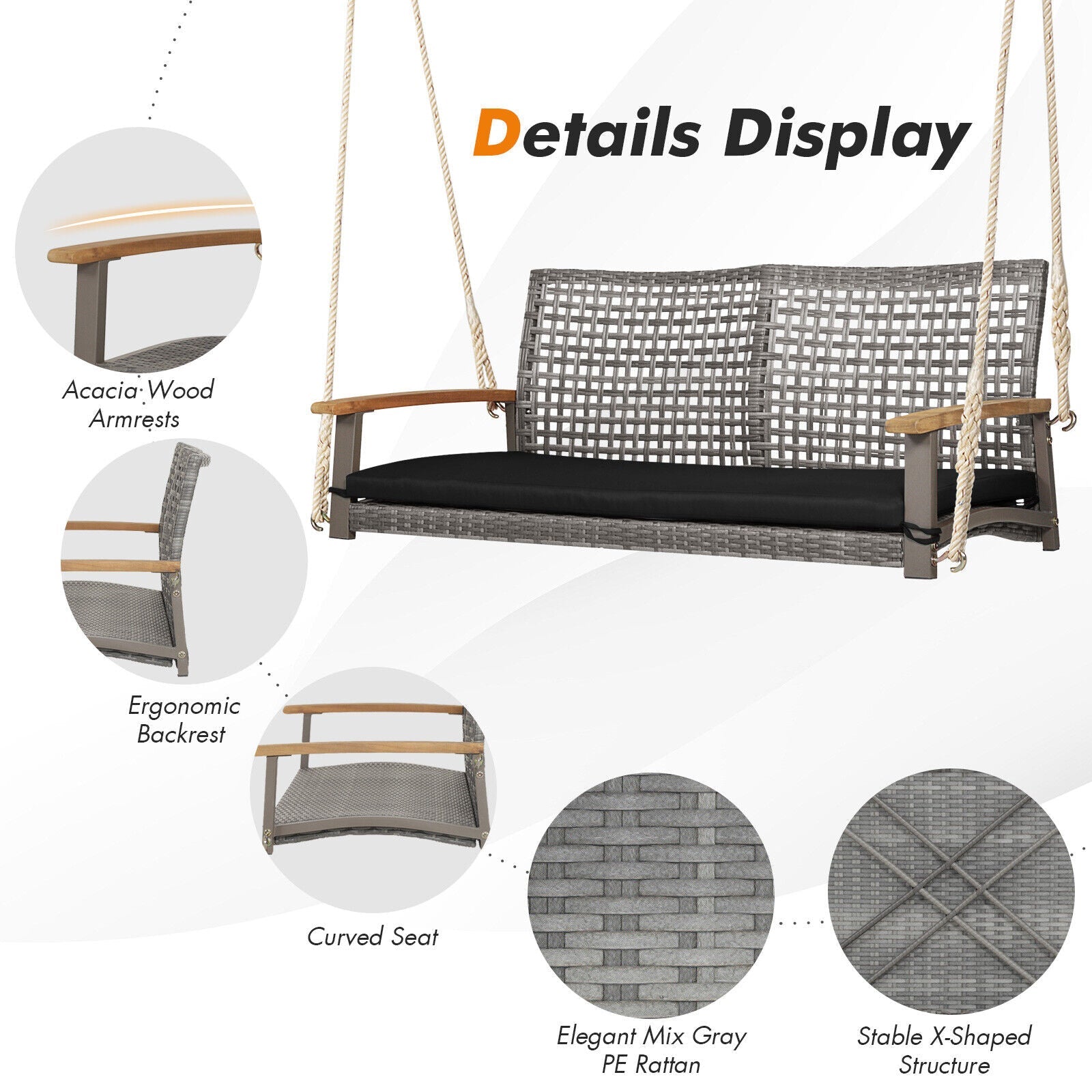 2-Person Patio Wicker Hanging Swing Chair - Black