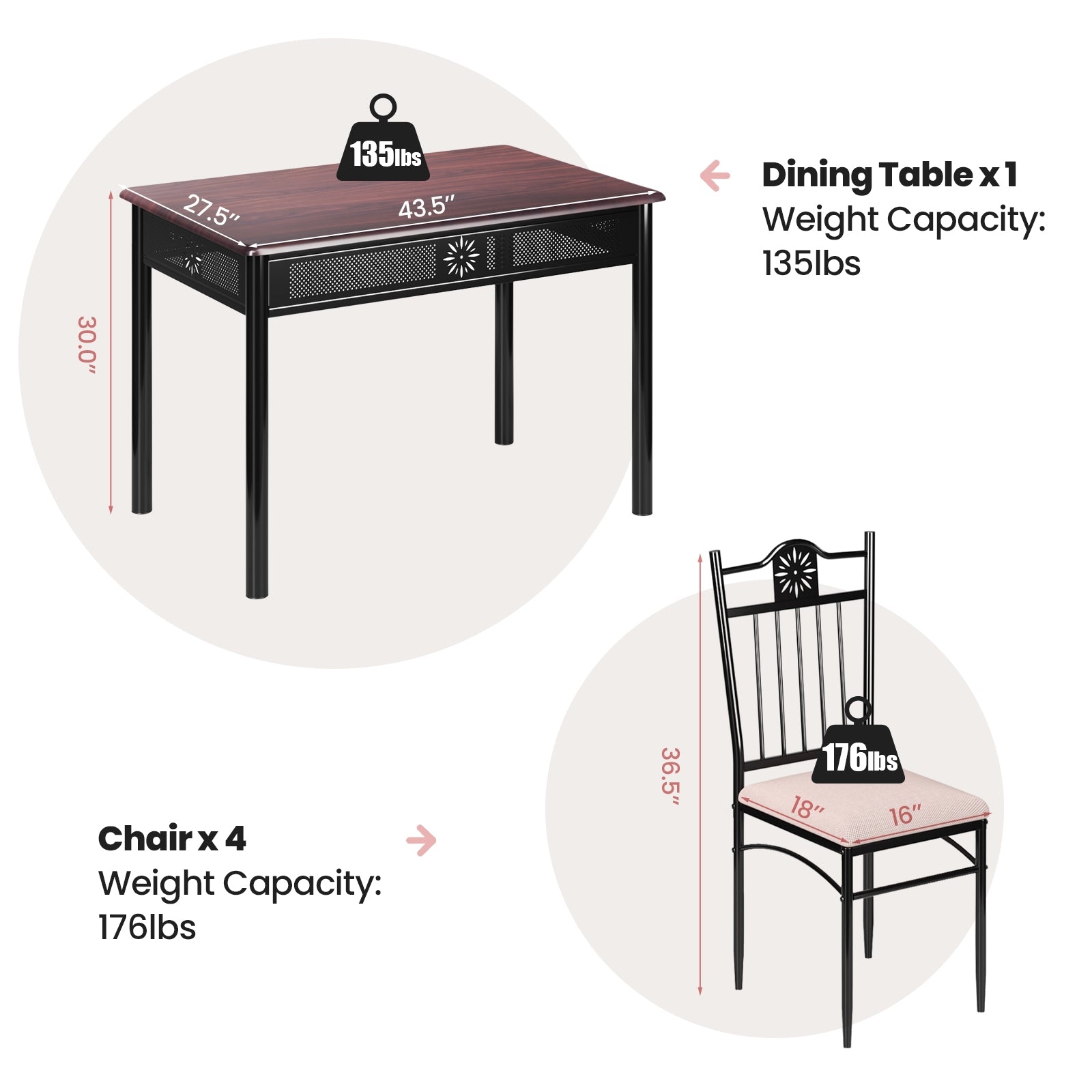 5 Pcs Dining Set, Wood Metal Table and 4 Chairs with Cushions