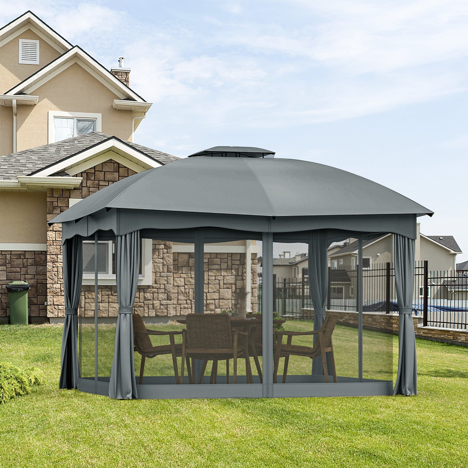 12 x 10 Feet Canopy Double Vented Heavy Duty Steel Gazebo-Gray