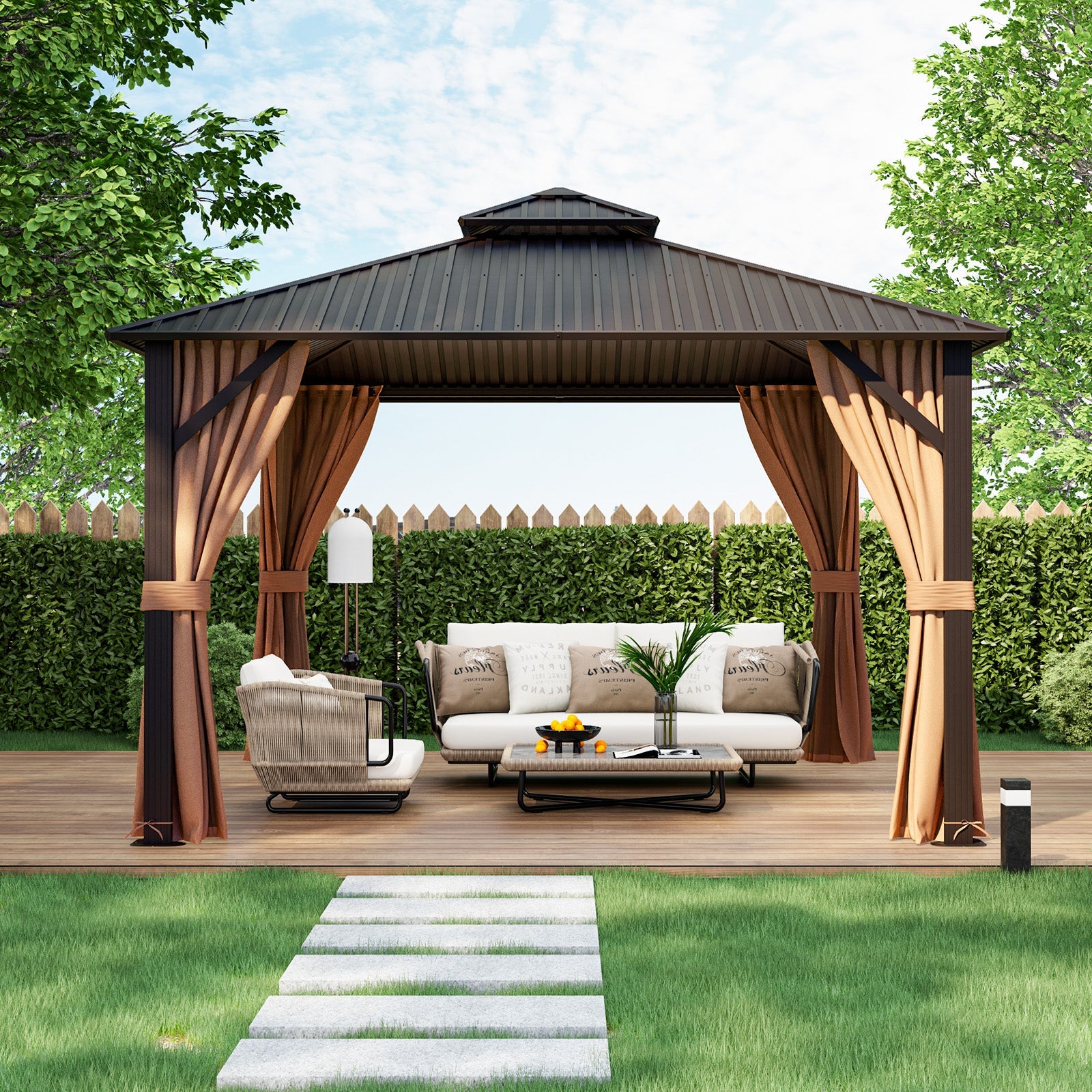 12 x 12 Feet Double-Roof Patio Hardtop Gazebo -Coffee