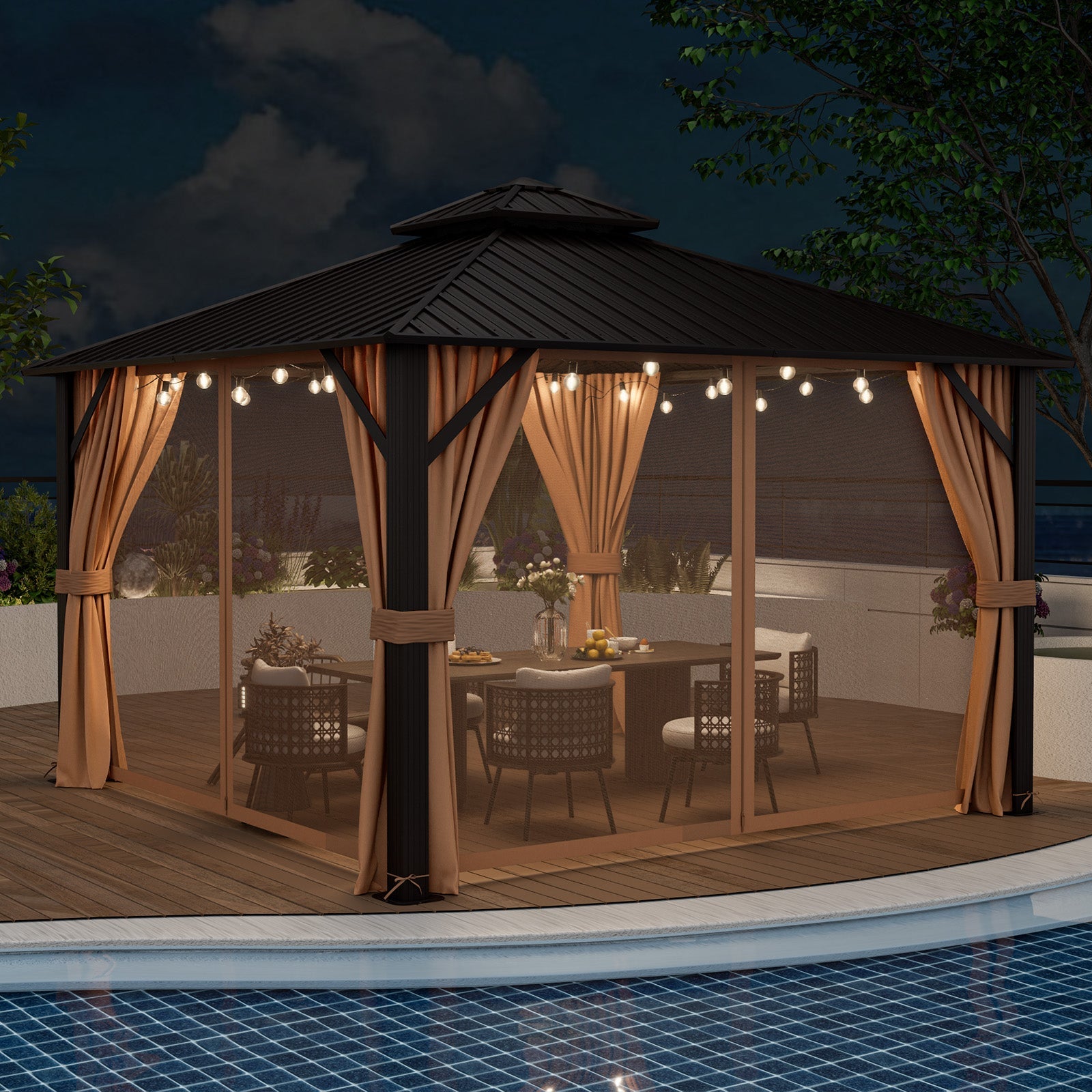 12 x 12 Feet Double-Roof Patio Hardtop Gazebo -Coffee