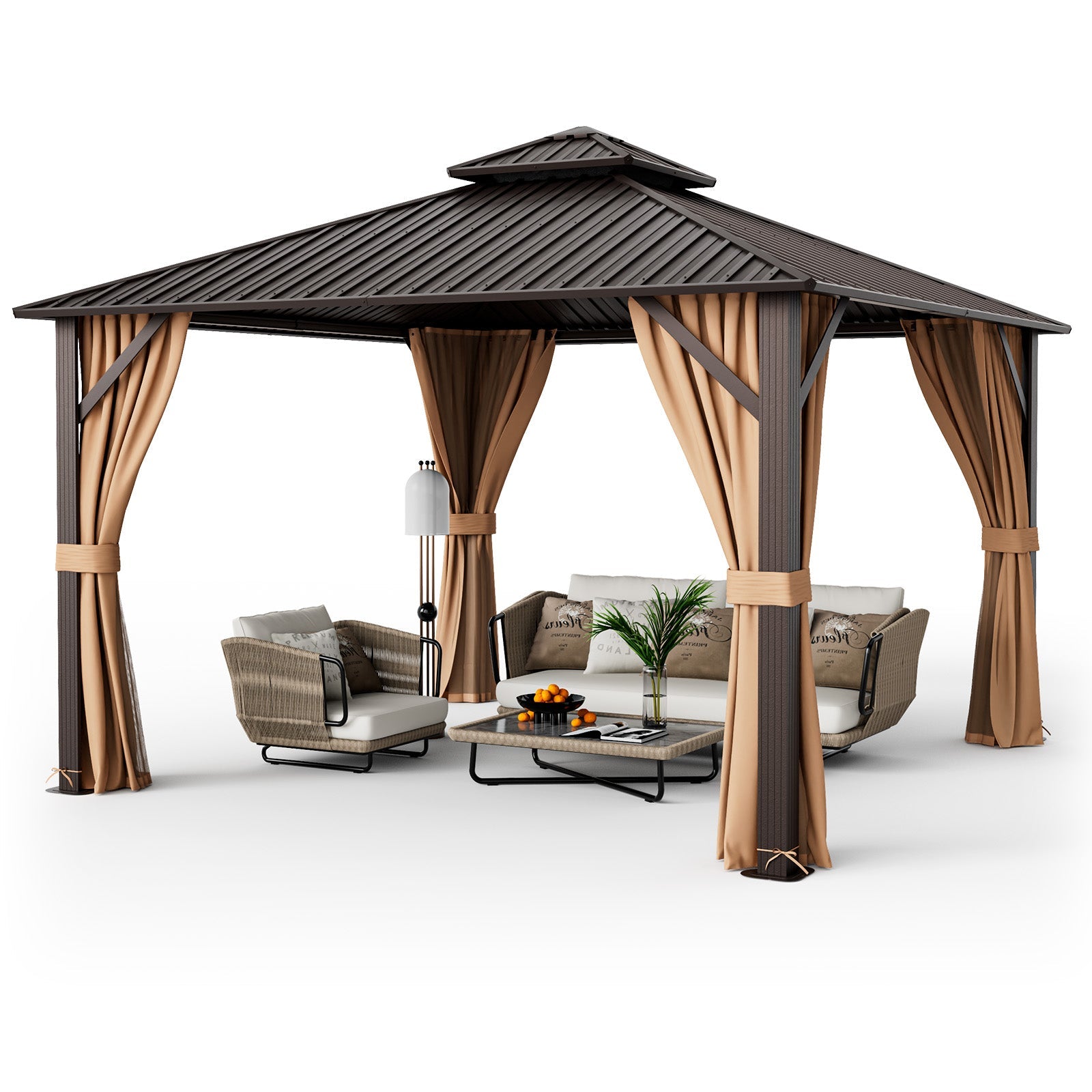 12 x 12 Feet Double-Roof Patio Hardtop Gazebo -Coffee