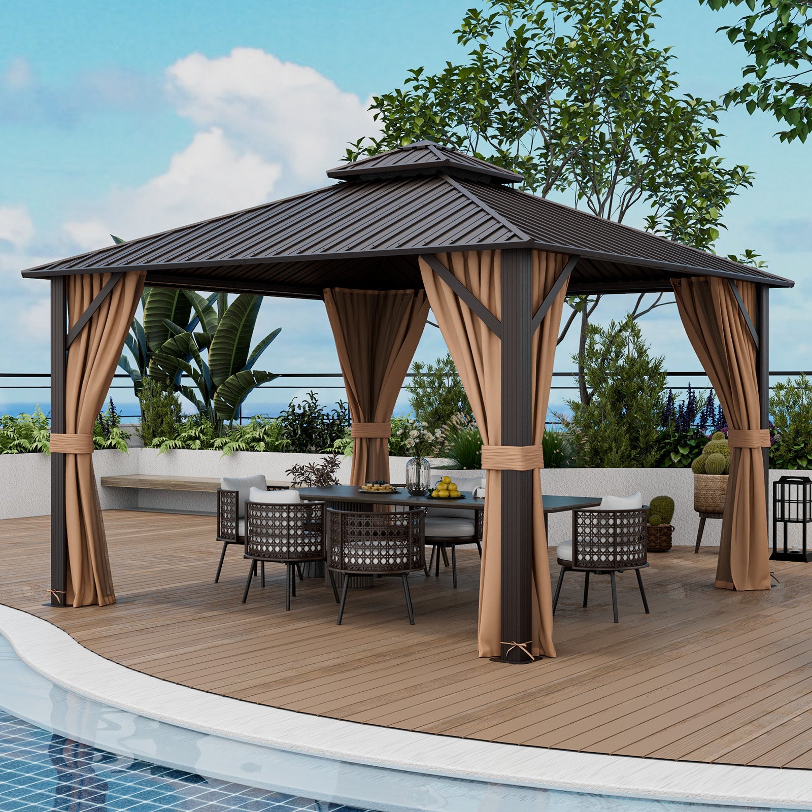 12 x 12 Feet Double-Roof Patio Hardtop Gazebo -Coffee