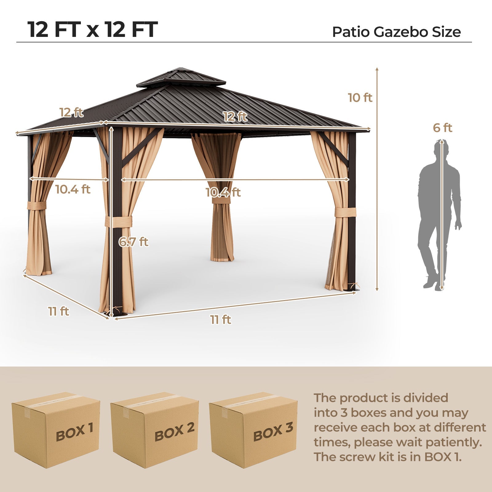 12 x 12 Feet Double-Roof Patio Hardtop Gazebo -Coffee